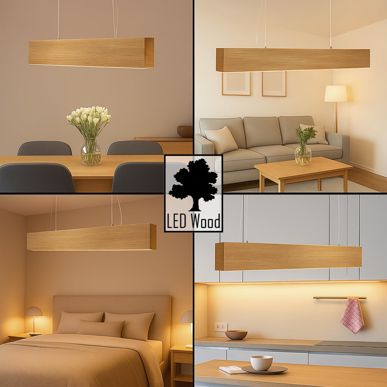 LED Wood Drewniana lampa wisząca z dębu 60 cm – Ręcznie wykonana lampa wisząca nad stół jadalniany –Lampa do jadalni, salonu i kuchni – 24W 1600 lm Ciepłe białe światło 3000 K
