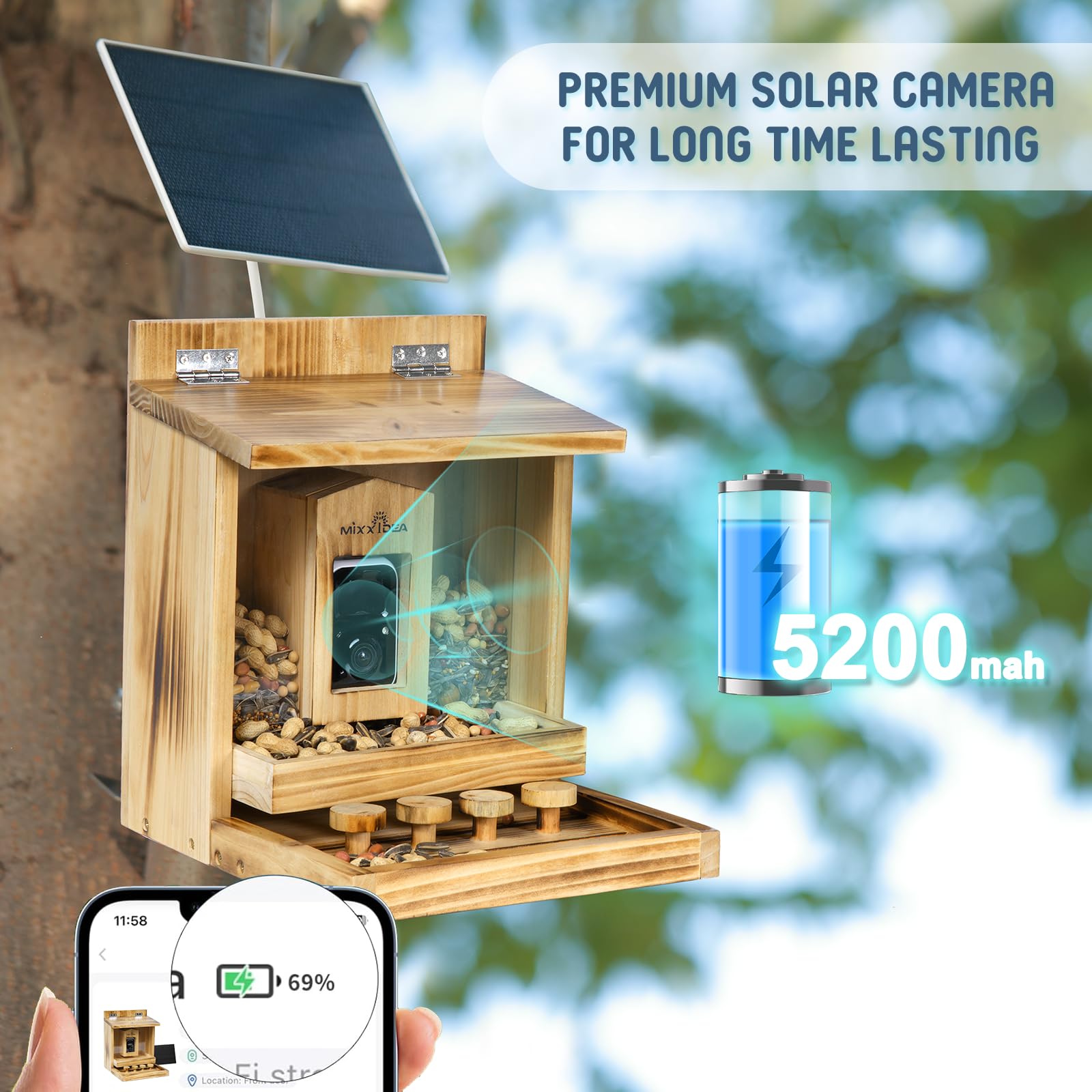 MIXXIDEA Eichhörnchen-Futterspender aus Holz mit Kamera, Smart Eichhörnchen Feeder mit Solarpanel, KI-Identifikation, 2K HD+ Video, Cloud-Speicher, große Kapazität, ideal für Eichhörnchenliebhaber