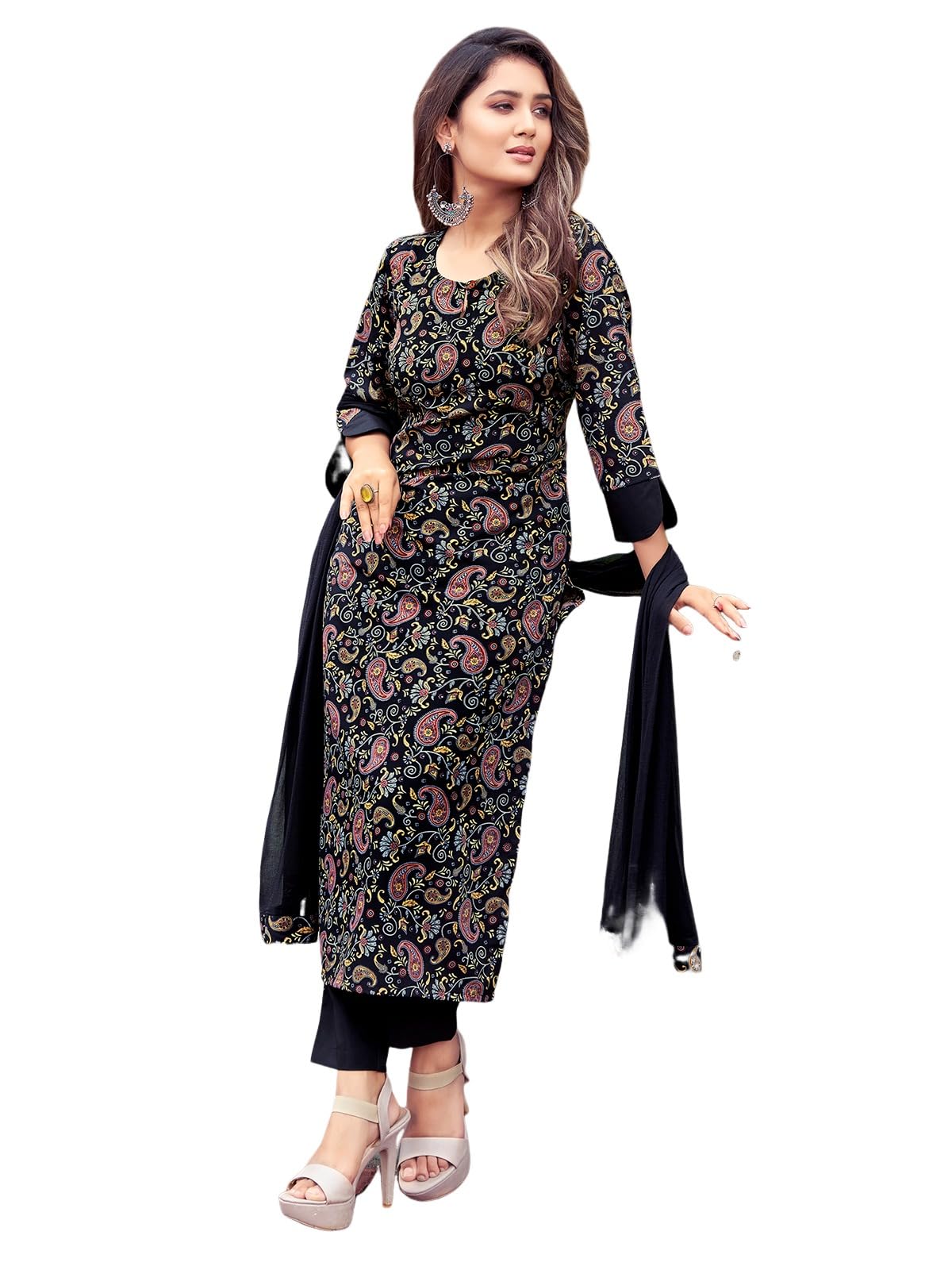 Sanisa Women's Crepe Printed Straight Kurta With Pant And Dupatta Set (100Kbd1095Nr-Xxl_Black & Multi)