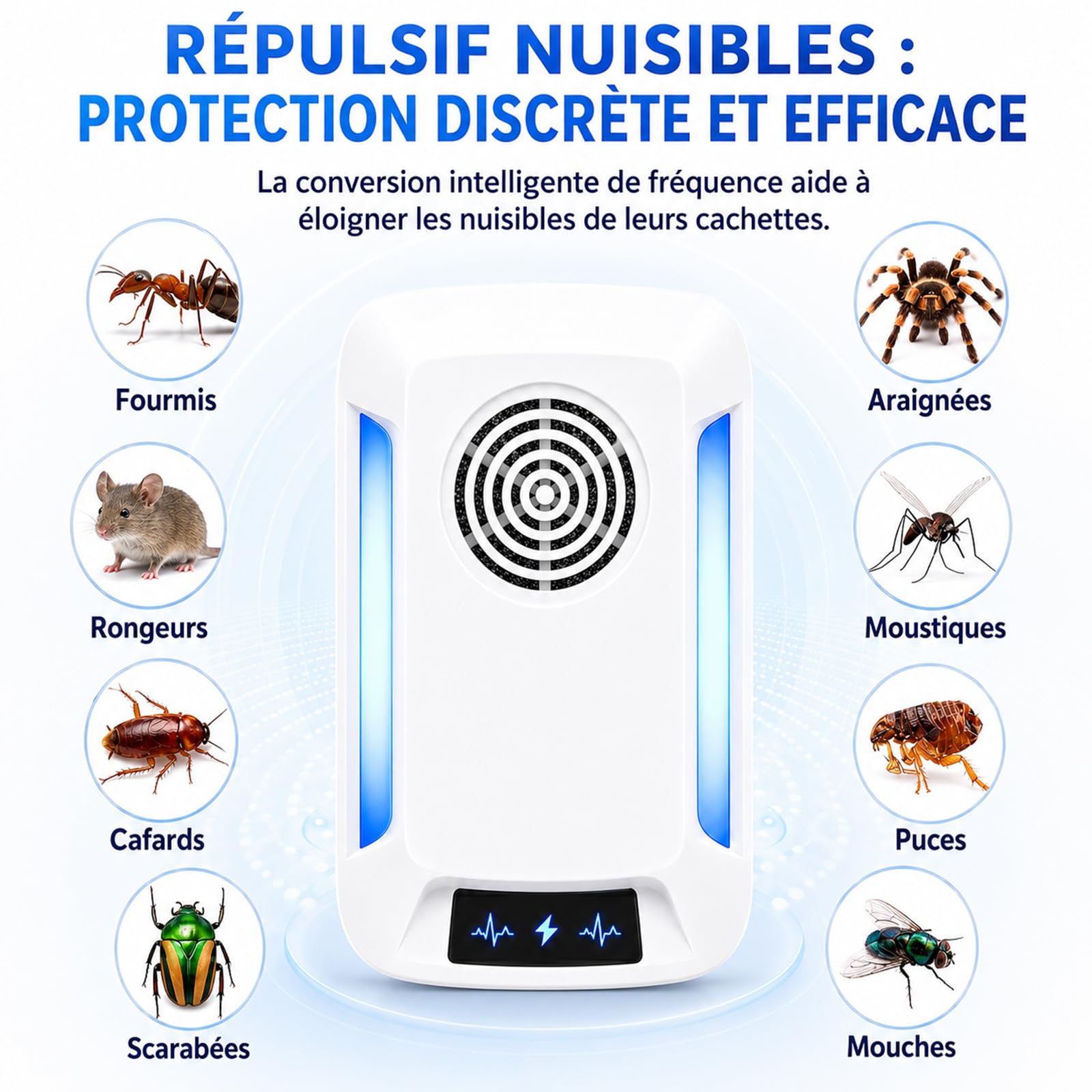 Répulsif À Ultrasons, Pack De 6, Repulsif Souris - Ultrason Souris et Rats - Anti Souris, Lutte antiparasitaire Efficace pour Les rongeurs, Moustique, Araignée, Cafard, Mouch