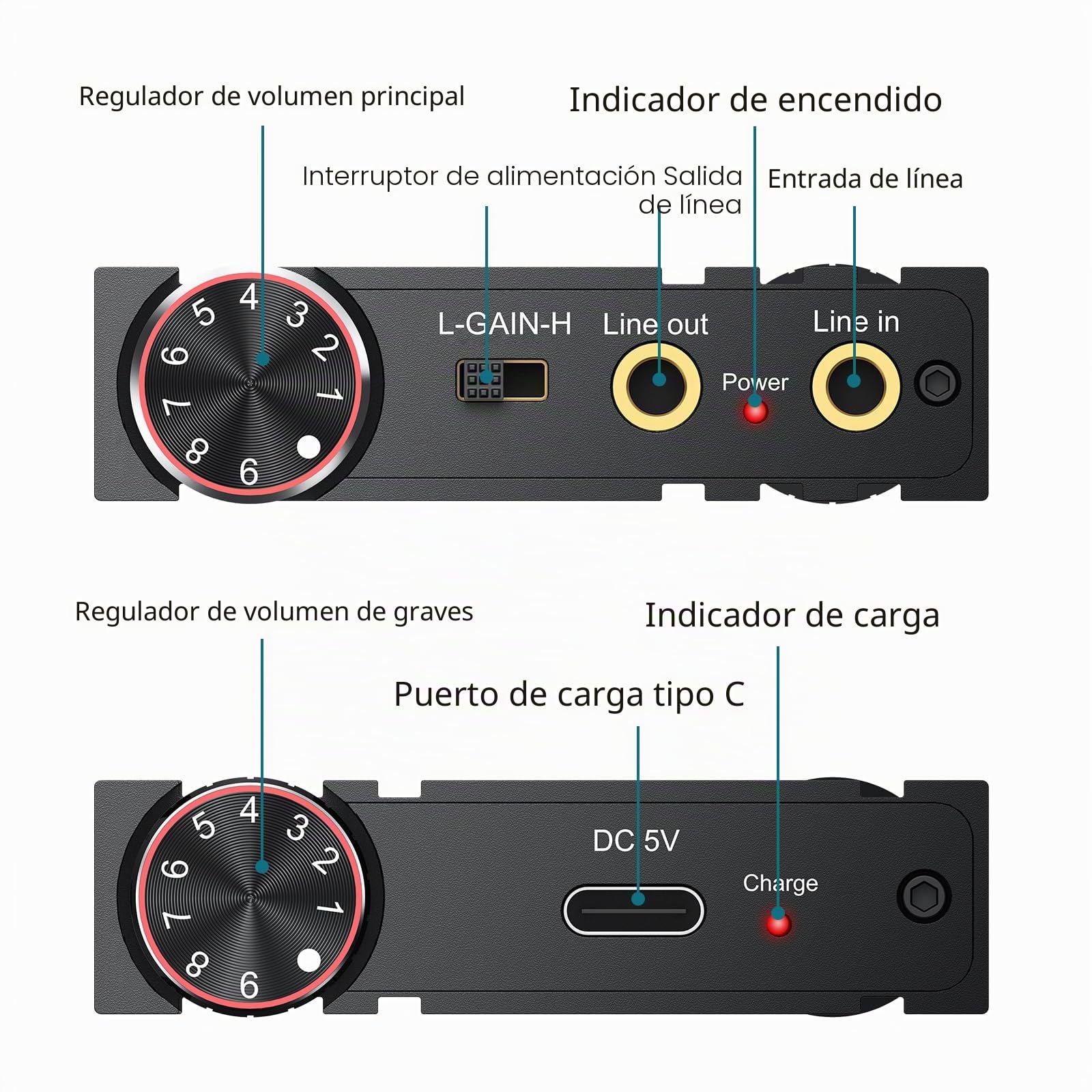 Amplificador de Auriculares Profesional 16-600Ω Bluetooth con Refuerzo de Graves, Recargable Amplificador de Auriculares Jack de 3,5 mm para Smartphone/Ordenador Portátil