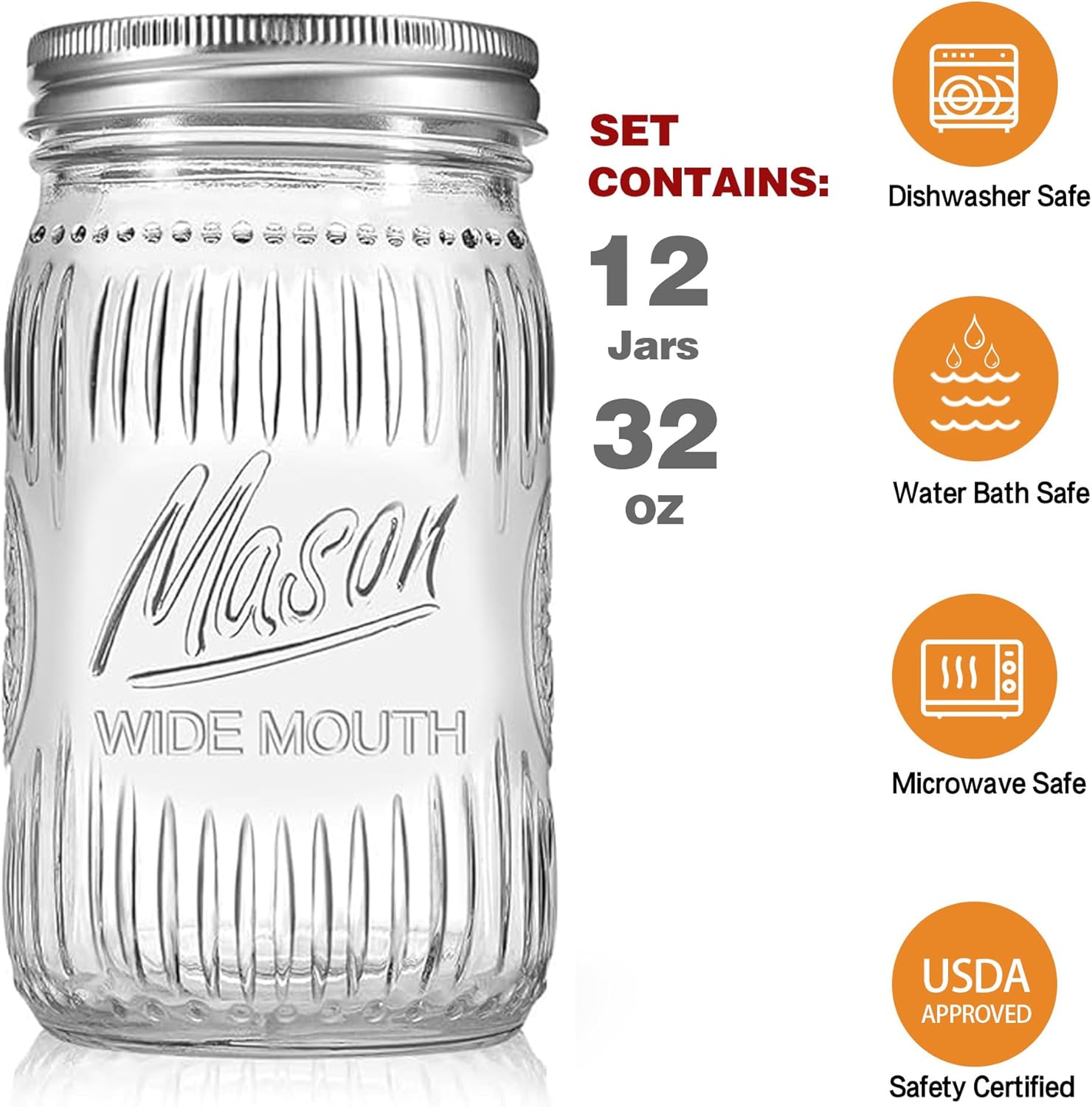 12 Pack 32 oz Wide Mouth Mason Jars - Heavy Duty Glass Storage Jars with Airtight & Leak Proof Lids for Pickling, Canning, Food Storage, Flour, Sugar, Pasta, Oats & DIY Projects (12pack 32oz)