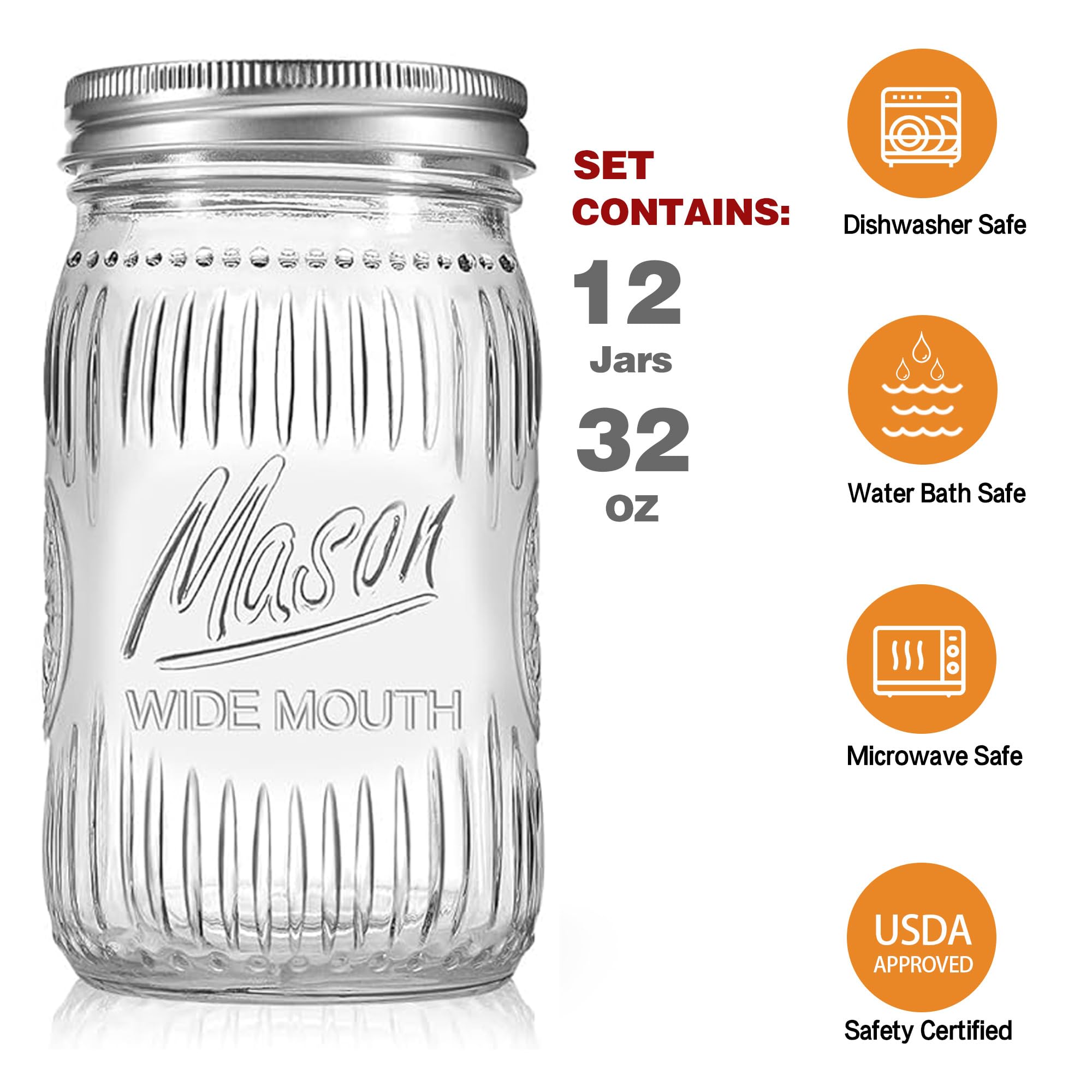 Paquete de 12 tarros Mason de boca ancha de estilo vintage de 32 onzas, tarros de almacenamiento de vidrio resistentes con tapas herméticas y a prueba de fugas para encurtidos, enlatados,