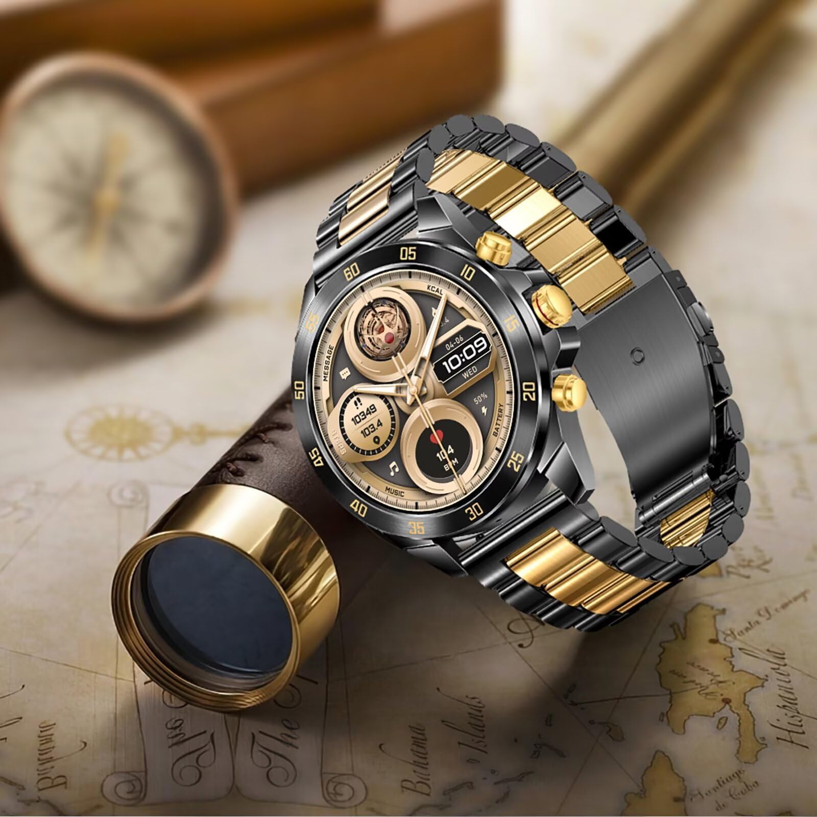 Smartwatch Herren Metallarmband Gold Silber Schwarz Robust Edelstahl Gesundheitsuhr Blutdruckmessung Telefonfunktion Pulsuhr für Android IOS Whatsapp Funktion Fitnessuhr pulsmesser Schrittzähler