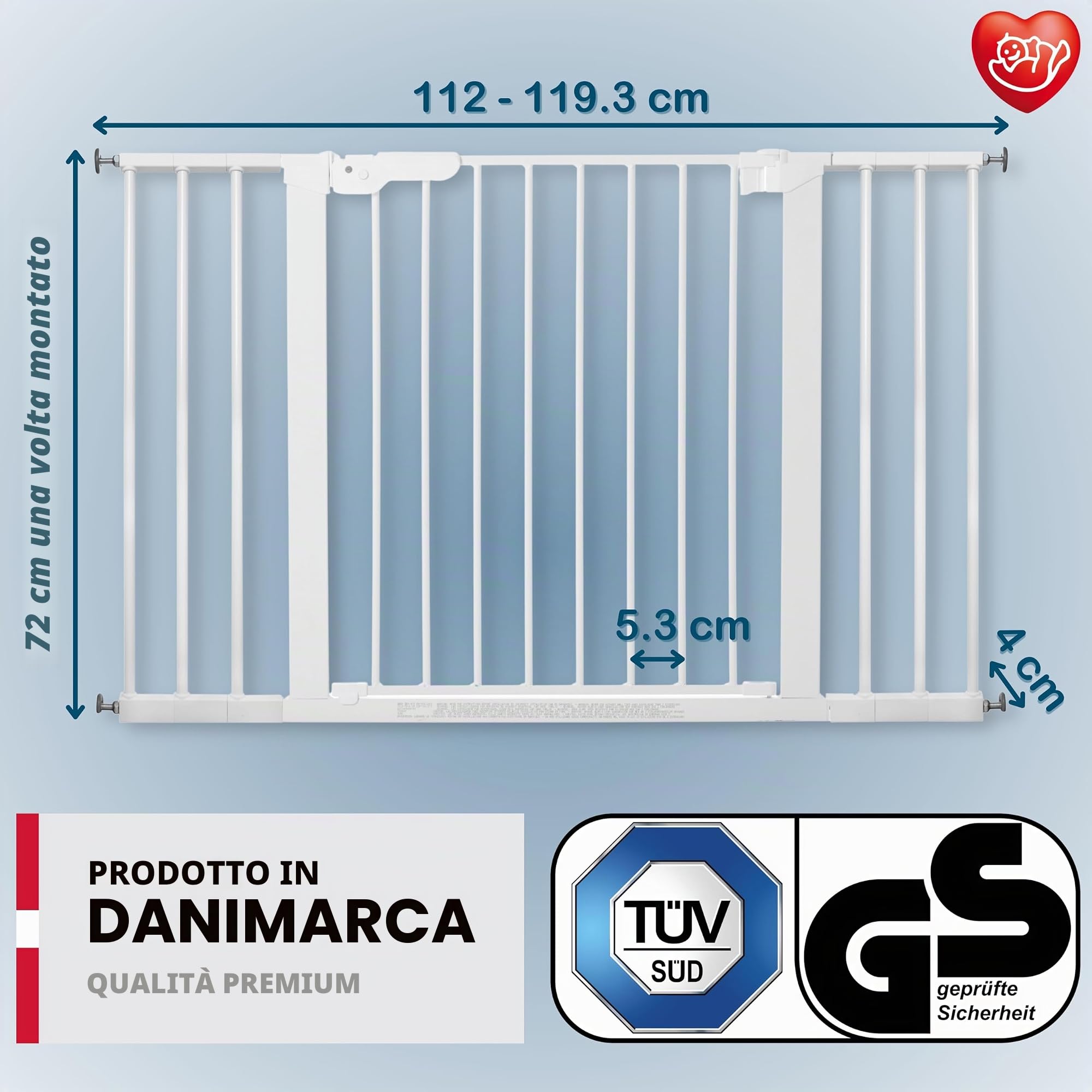 BabyDan Premier, Cancelletto per scale a pressione, 112-119,3 cm, Cancelletto per bambini, metallo, bianco, Made in Denmark - (Cancelletto per animali domestici)