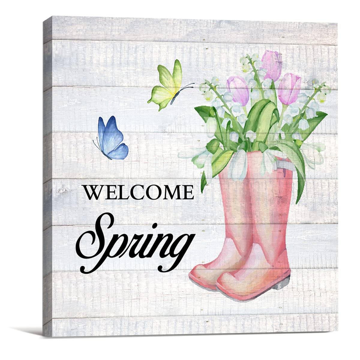 Photo 1 of Country Farmhouse Welcome Spring Rain Boots Canvas Print Wall Art Decor Floral Spring Quote Sign Painting Poster Plaque Rustic Home Decoration