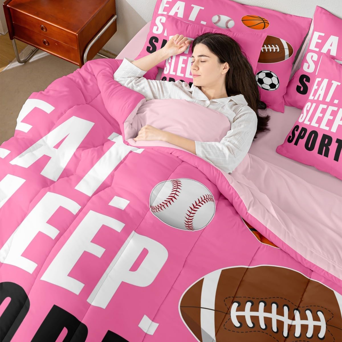 Twin Size Football Comforter Set Boys Girls Hot Pink Sports Bedding Set for Sports Lover Gift Ultra Soft Soccer Basketball Baseball Quilt Breathable Lightweight Microfiber Ball Game Room Decor