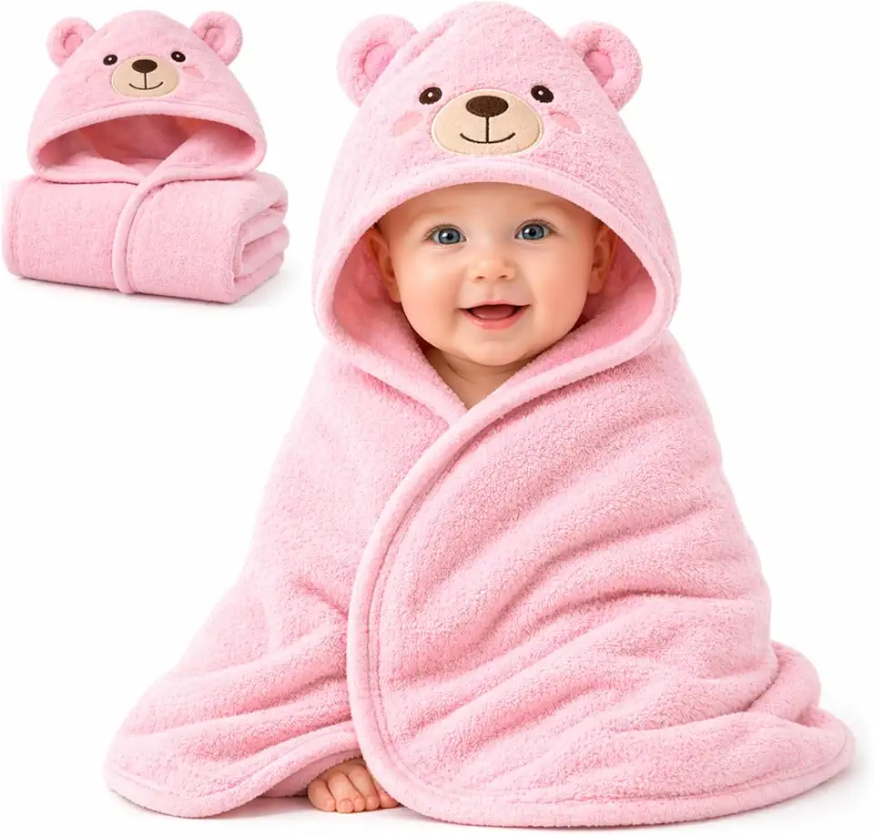 Toalha Infantil com Capuz Ursinho em Flanela Macia | Alta Absorção e Secagem Rápida | Toque Suave para Pele Sensível | Ideal para Bebês e Recém-Nascidos | Pós-Banho Confortável (Rosa)