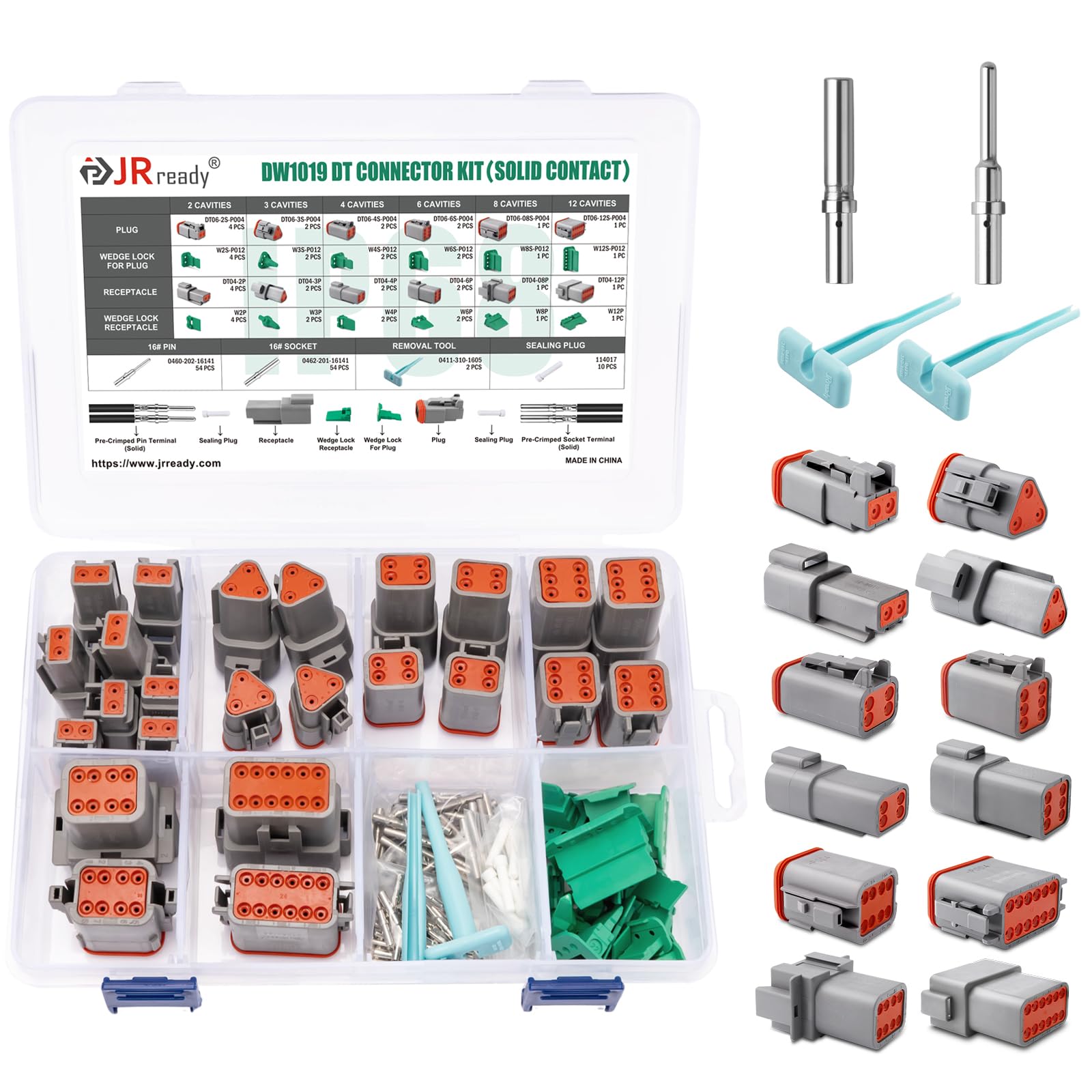 JRready DW1019 Deutsch - Kit de conectores IP68, kit de conector DT impermeable DT 2 3 4 6 8 12 pines con tamaño 16 contactos sólidos calibre de alambre 16-20AWG conector de cable eléctrico