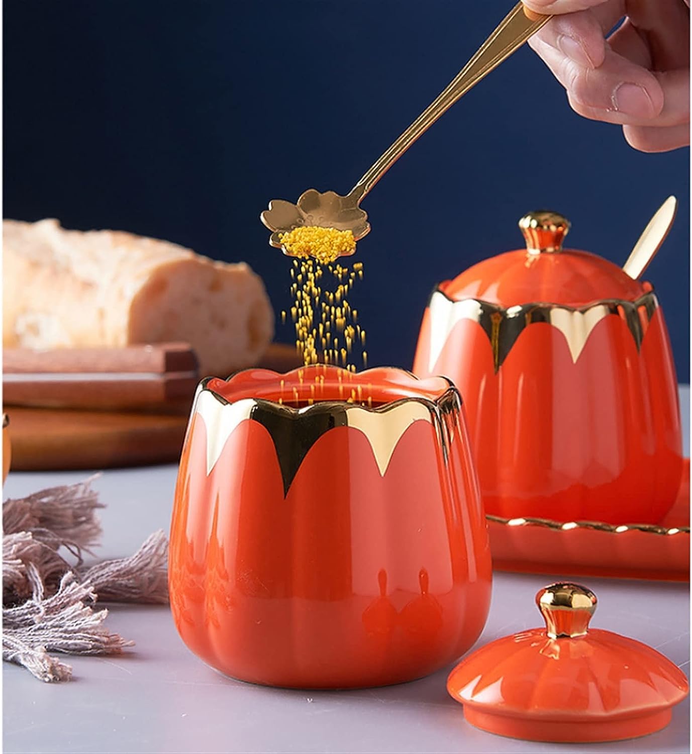 Gewürzdose, Keramik Gewürzdosen Set Küche Gewürztopf Salztopf Zuckertopf Kombination Gewürzbox Gläser(Orange)