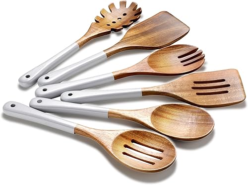 Cucharas de madera para cocinar, 6 piezas de utensilios de cocina de madera de acacia natural o utensilios de cocina de madera antiadherente para