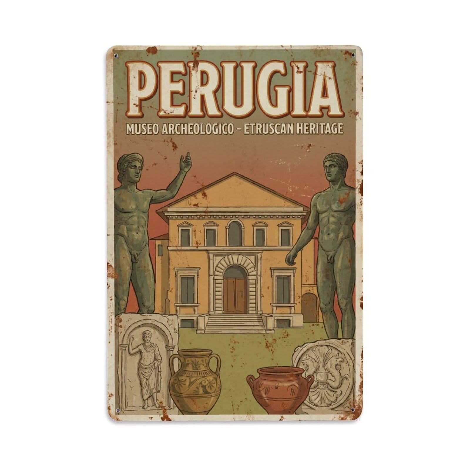 Vintage Travel Perugia Museo Archeologico Italy Metal Tin Sign Plaque Wall Decor for Cafe, Club Bar, Office, Home Garden Metal Poster 8x12Inch