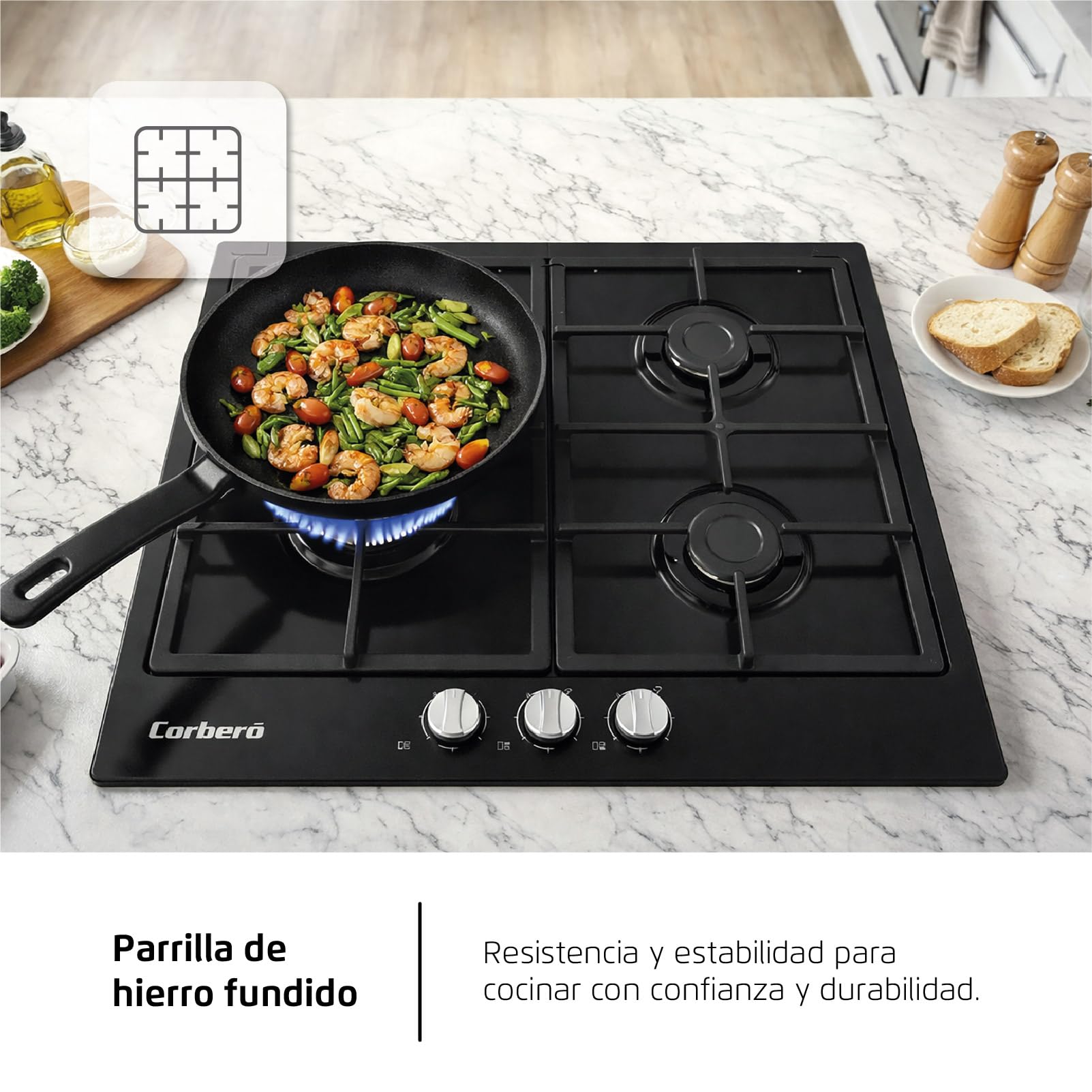 Corberó - Plaque gaz butane 60 cm| CPCGM3F3126N | Puissance 6,05 kW | 3 zones | Zone Wok | Auto-allumage | Couche de protection Clean+ | Arrêt automatique | Verre noir