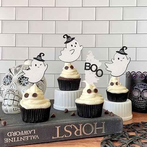 Miniatura 2 de 24 piezas Boo Halloween Cupcake Toppers Ghost Little Boo Cupcake Picks Baby Shower Halloween Boy Girl First Birthday Party Decoraciones Suministros