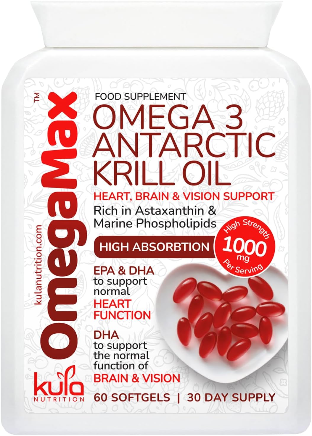 OmegaMax - High Strength Red Krill Oil Capsules 1000mg per Serving - Astaxanthin - Ultra Pure Omega 3 Oil for Heart, Blood Pressure, Vision and Brain Health – Sustainably Sourced - 60 x 500mg Softgels