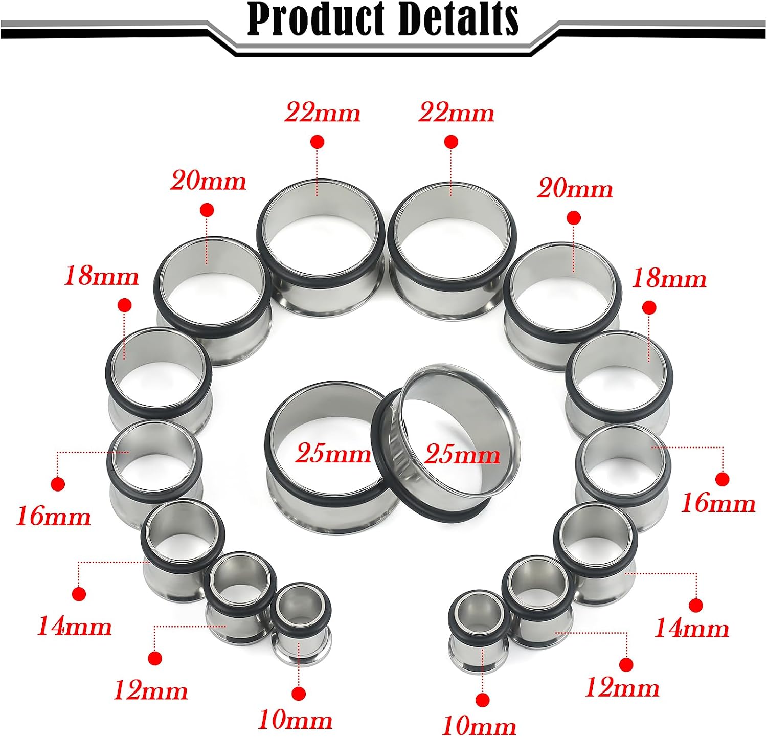 12G-25mm Single Flare Gauges Tunnels Plugs Stretching Set Kit 316L Surgical Steel Gauges Tunnle Plug for Ears 12G 10G 8G 6G 4G 2G 0G 00G 12mm 14mm 16mm 18mm 20mm 22mm 25mm