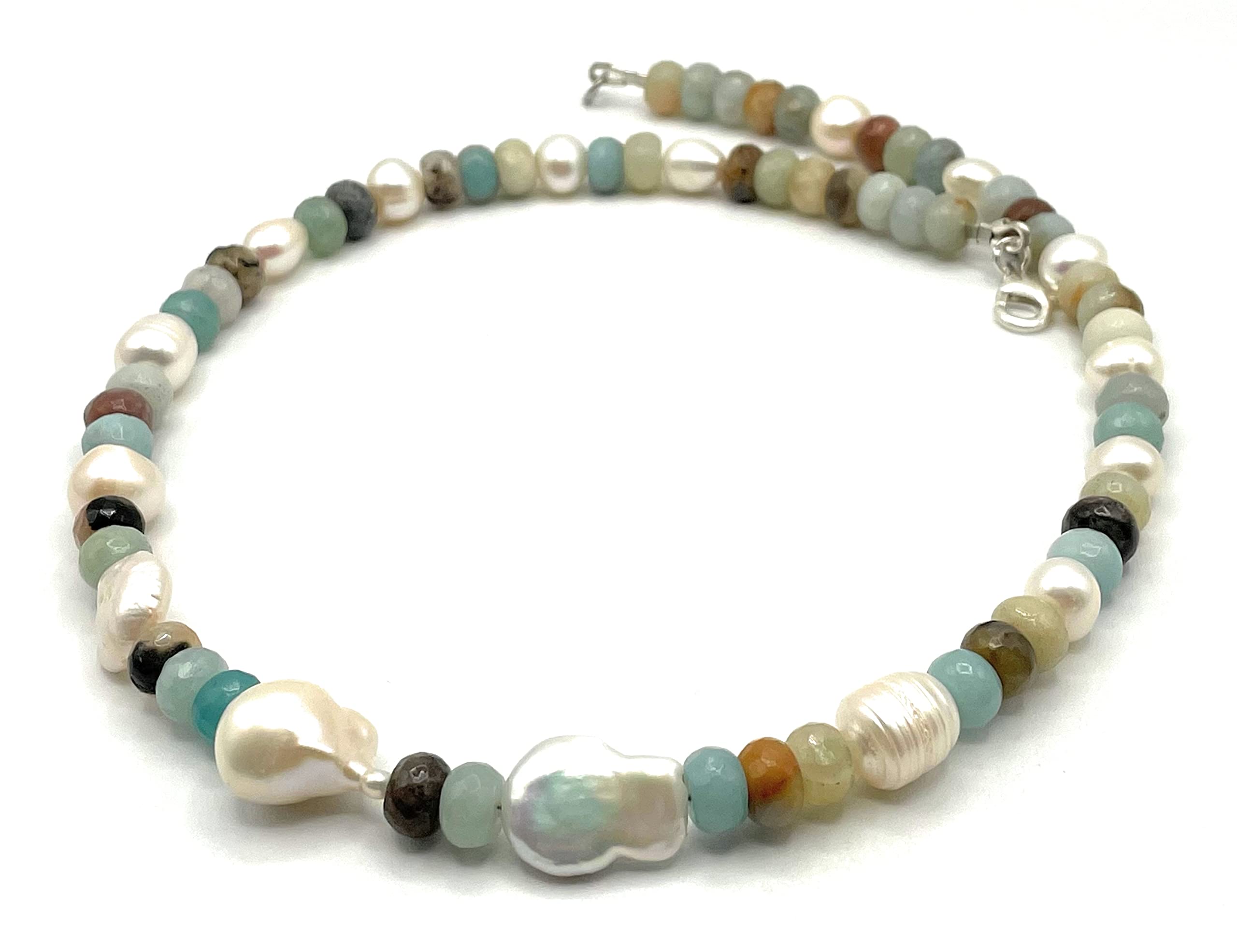 Amazonit Halskette mit Barock Perlen, 925 Sterling Silber, Chunky Edelstein Choker, italienischer Schmuck, April Geburtstagsgeschenk, Made in Italy