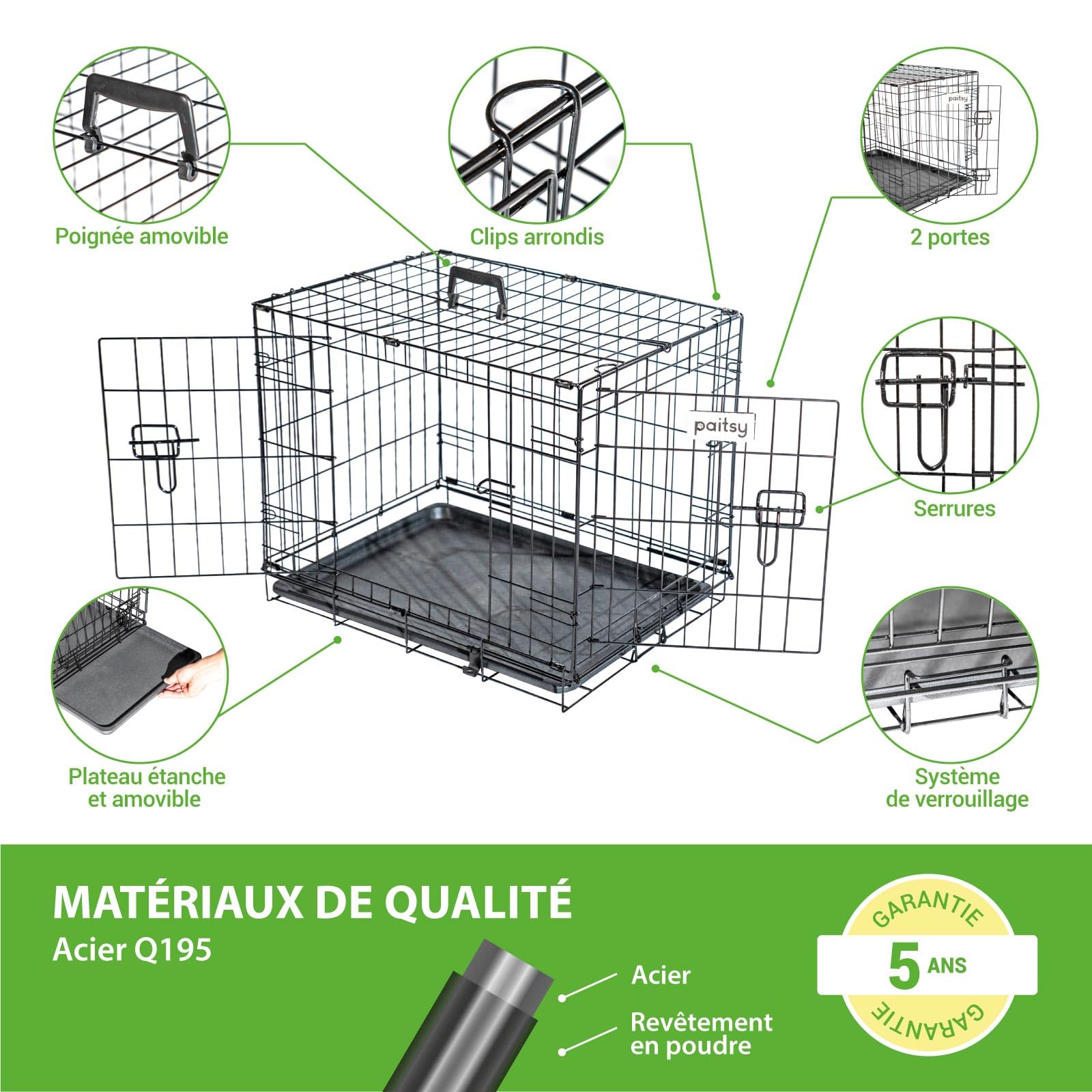 Cage pour Chien FortressooS, Caisse de Transport pour Chien et Chiot 60x43x49cm, Pliable, 2 Portes, Plateau Amovible, Utilisation Interieur Paitsy