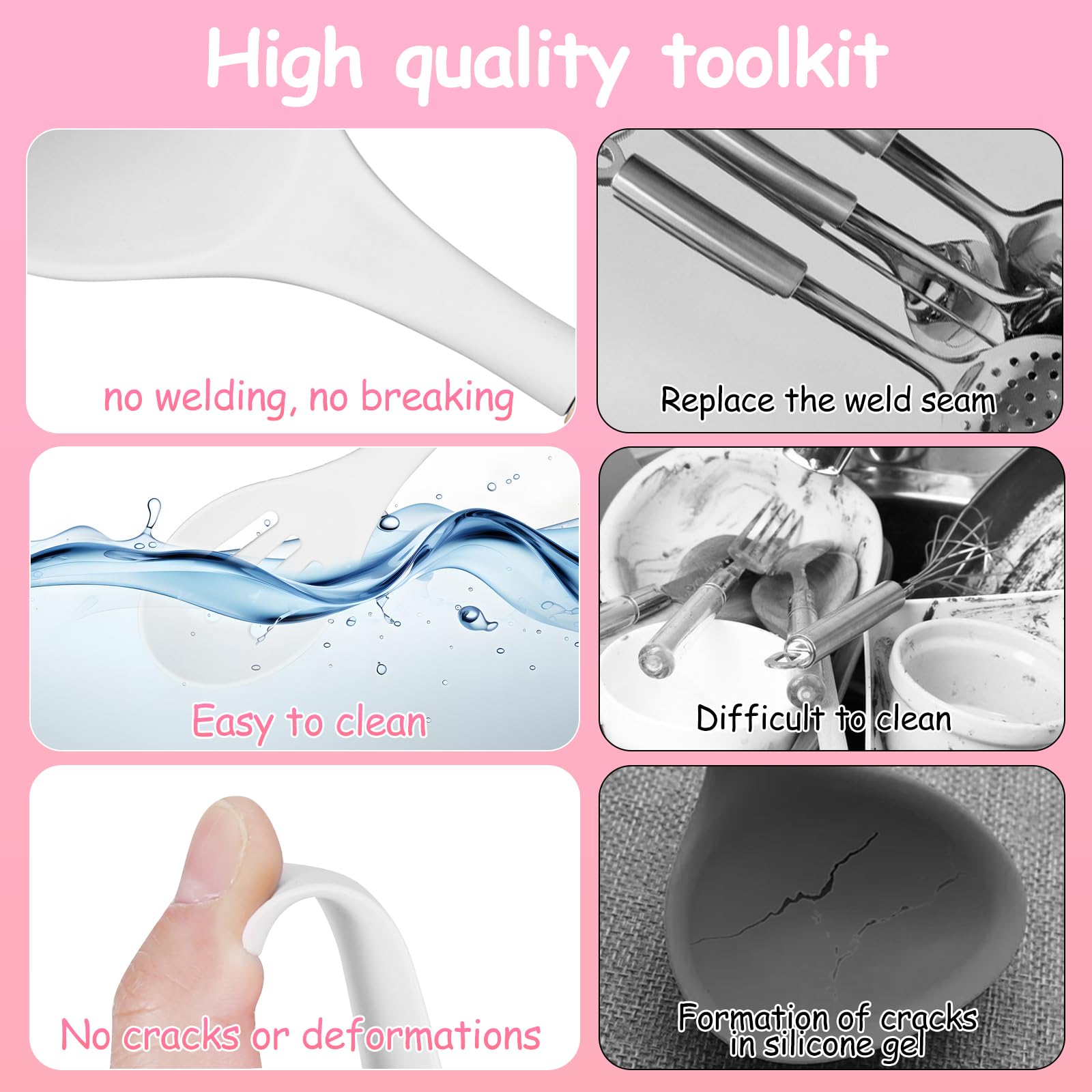 Set di utensili da cucina, 12 pezzi, in silicone, con manico in legno, antiaderenti, set di utensili da cucina in silicone, resistenti al calore, colore bianco