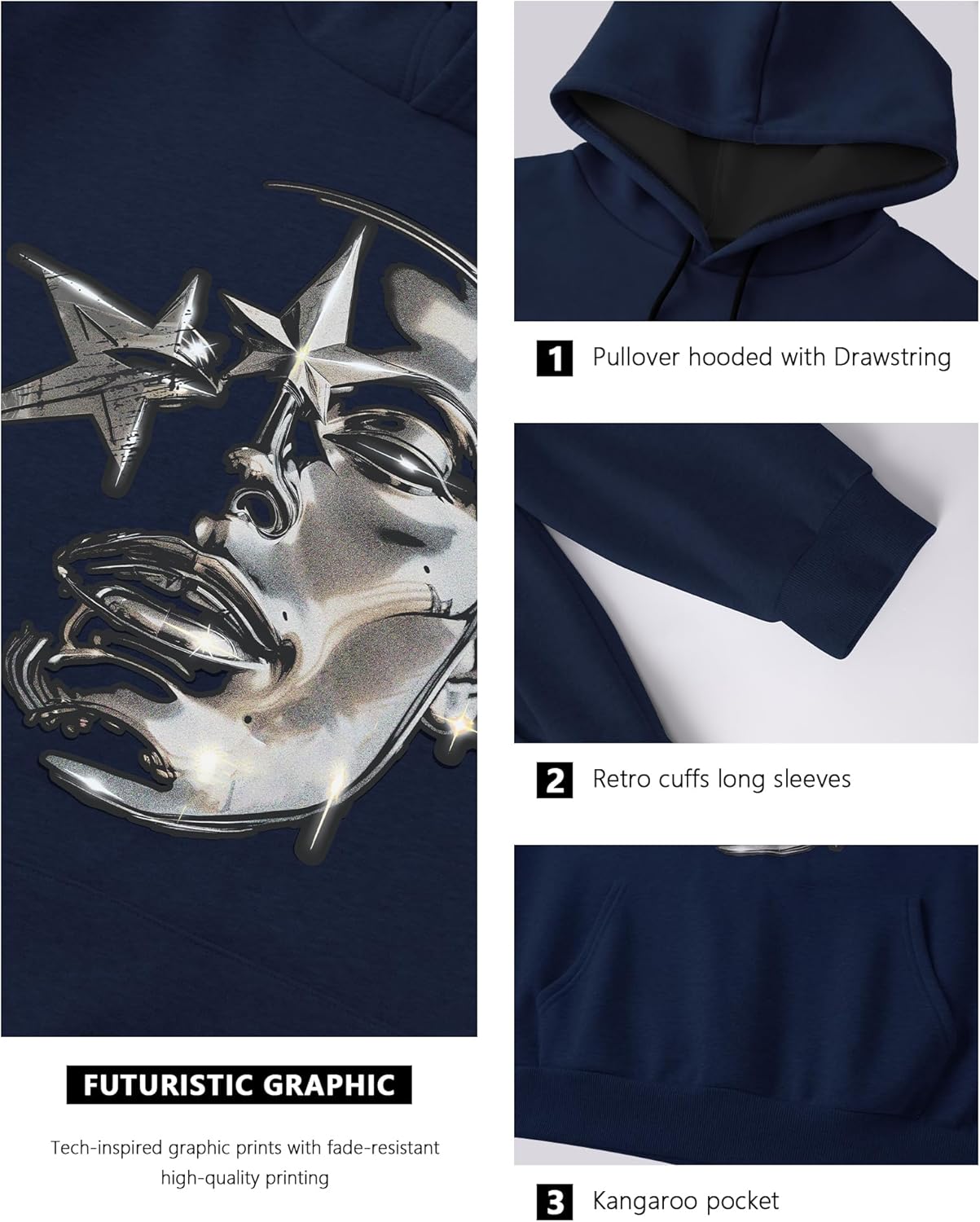 Mens Graphic Hoodies Heavyweight Pullover Vintage Sweatshirt Streetwear Y2K Fleece Long Sleeve Casual Top - Image 5