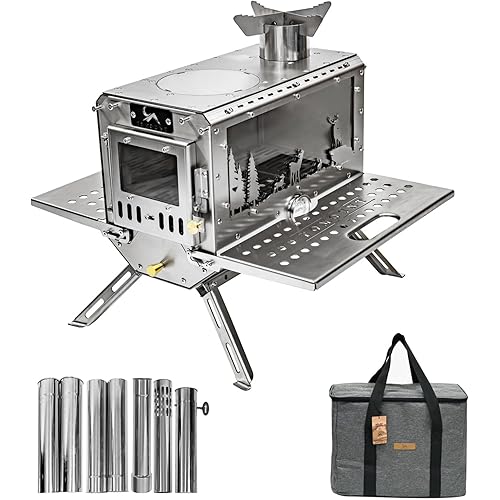 TOMOUNT Hot Tent Stove,Wood Stove with 7 Chimney Pipes,304 Stainless Camping Tent Stove with Spark Damper, Wood Burning Stove for Cooking and Heating，with heat-resistant Glass Window