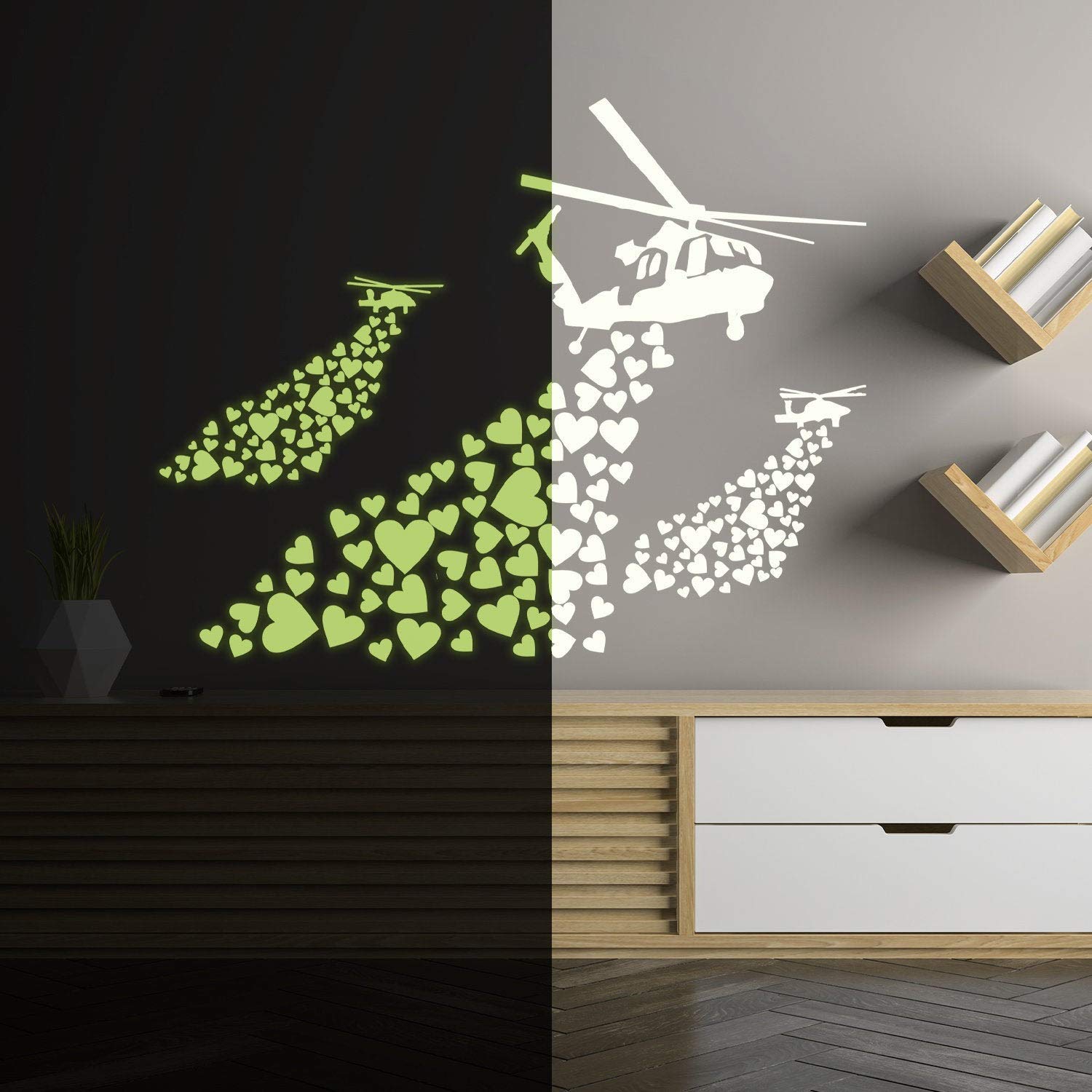 Glow In The Dark Wand Vinyl Sticker Art - Leuchtstoff Neon Nachtleuchtend Licht Aufkleber Kinderzimmer Stick - Banksy Helikopter Hearts Graffiti