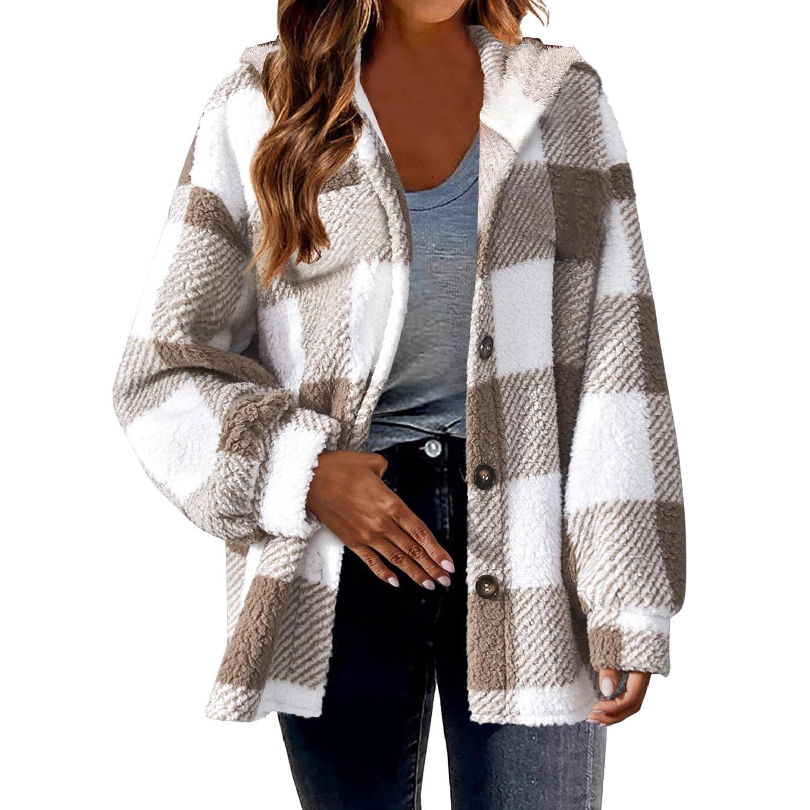 Ceboyel Women Flannel Jackets 2023 Fleece Plaid Hoodies Jacket Hooded Long Sleeve Shirt Trendy Fall Winter Ladies Clothes