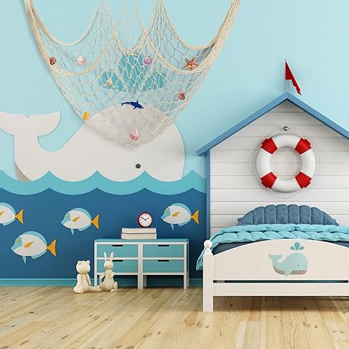 Miniatura 5 de Aodaer 4 piezas de red de pescado natural decorativa de algodón natural, decoración de playa para cumpleaños de sirena, bebé, tiburón, cumpleaños,