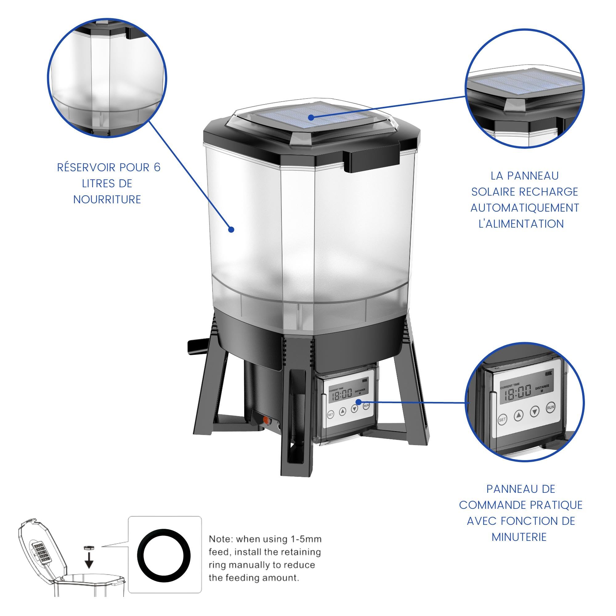 BluFeeder - Mangeur Automatique de Poissons, pour Étang, avec Batterie et Énergie Solaire, pour Vacances et Régime, Koi, Exterieur, Résistant a l'humidité, Fish Feeder - 6L Capacité