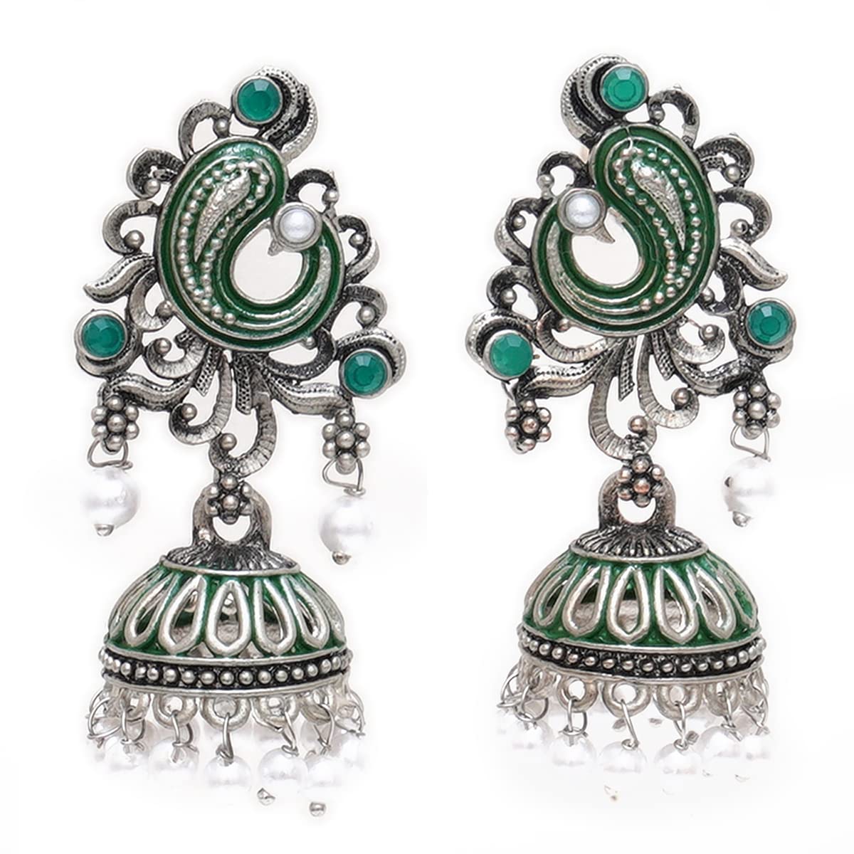 Karatcart Oxidised Silver Green Stone with Meena Jhumki Earrings for Women (B0BT1RXD72) Amazon Price History, Amazon Price Tracker