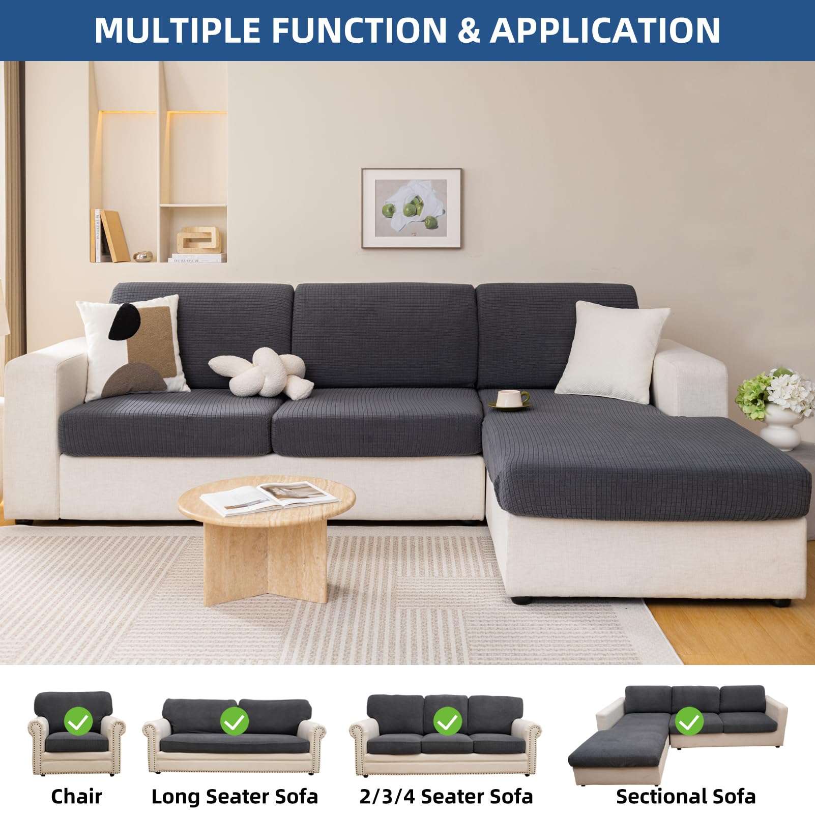 Sofa Zitkussen Hoezen, Bank Kussenhoezen Voor Individuele Kussens, Bank Kussenhoezen, Tartan Stoelhoes Hoog Rekbare Jacquard (3-zits,Grijs