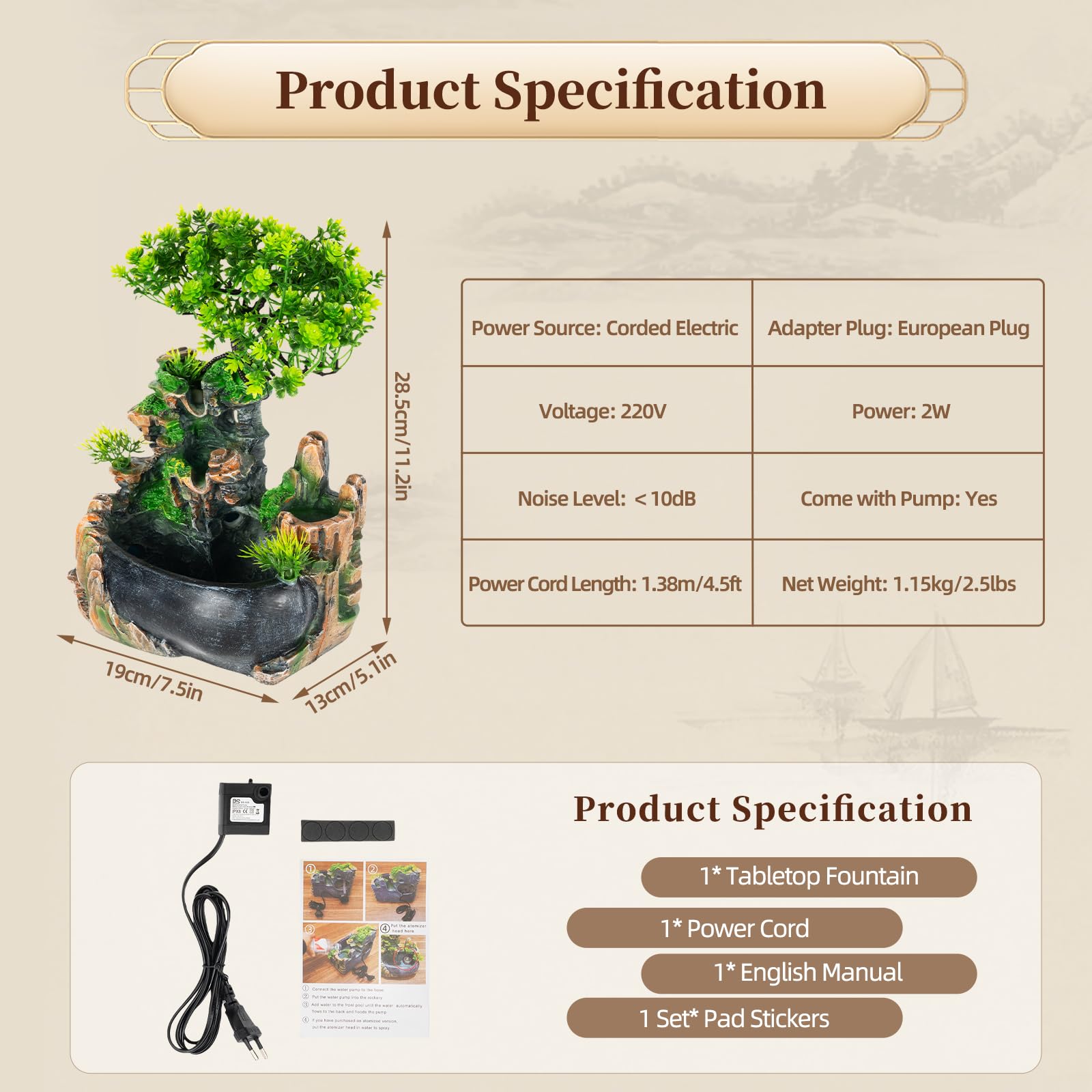 Fontaine d'intérieur avec éclairage LED Fontaine de Table Salon Bureau Cascade Desktop Bonsai Ornament Fontaine Table Cascade Fontaine de Bureau avec Plantes Décoration (sans Brouillard)