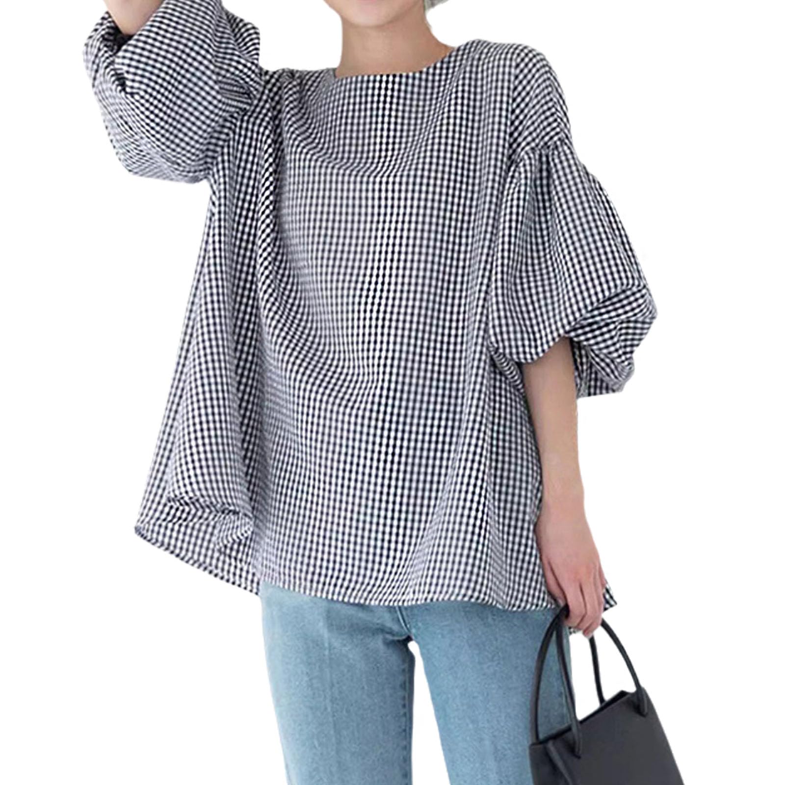 [Ebyec] ブラウス レディース シャツ トップス パフスリーブ 半袖 ボリューム袖 おしゃれ オフィス tシャツ 夏 クルーネック 無地 チェック柄 カジュアル オフィス ゆったり 丸襟 襟なし 通勤 普段着 夏 着回し 体型カバー 春秋