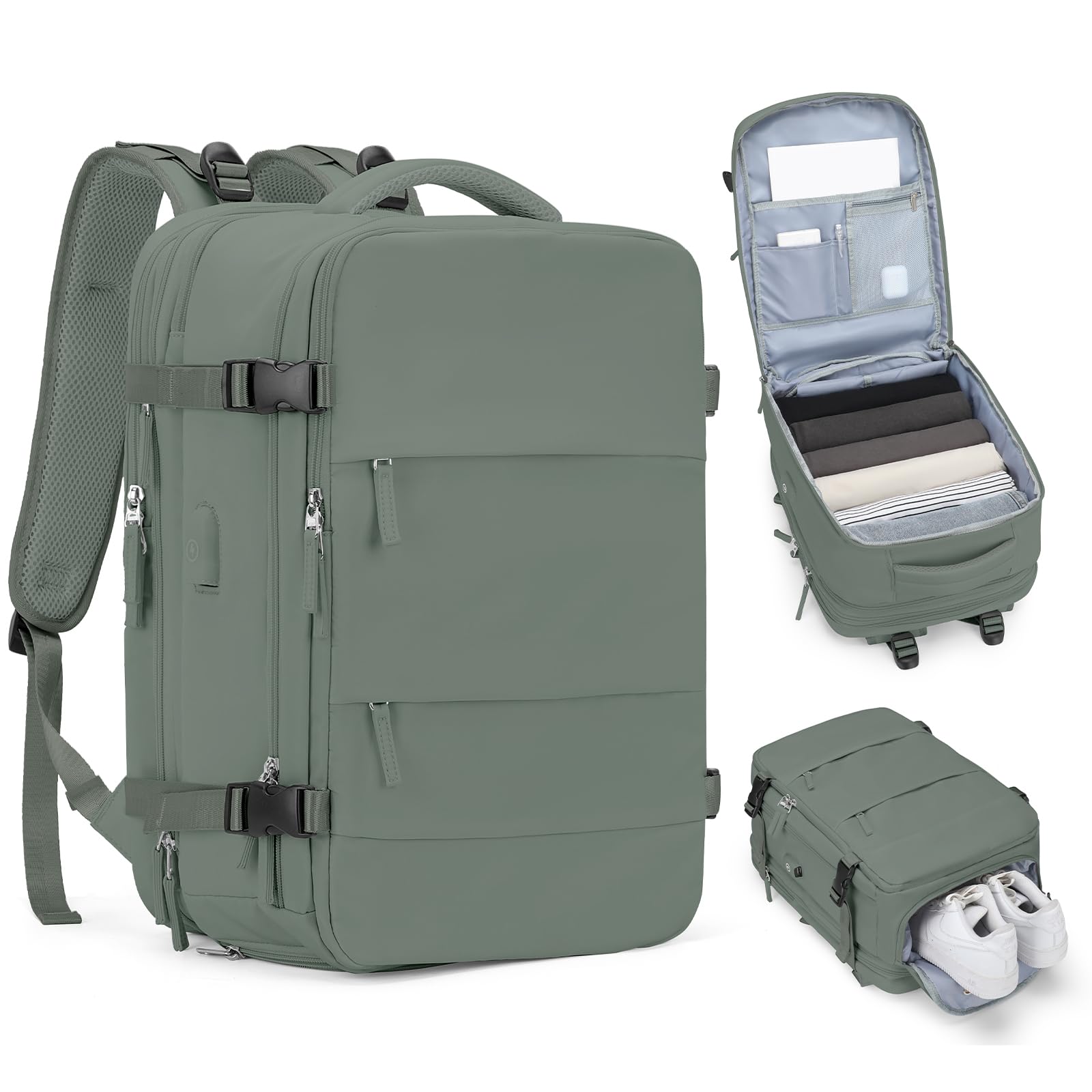 coofay Carry on Backpack Travel Backpack, Olive Green-expandable