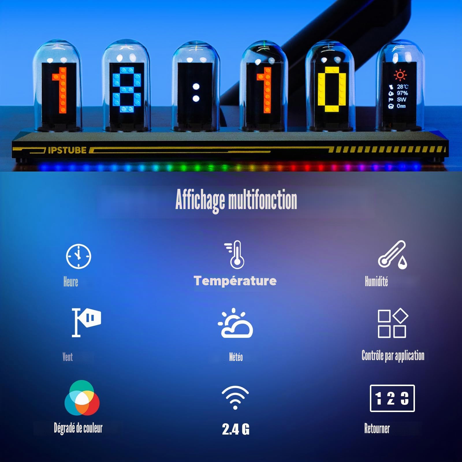 Horloge Nixie Tube LED RGB - 6 Tubes IPS Personnalisables, Horloge Digitale Murale avec Calendrier Numérique et Météo, Réveil Connecté WiFi, Cadeau High-Tech Décoration Bureau Chambre