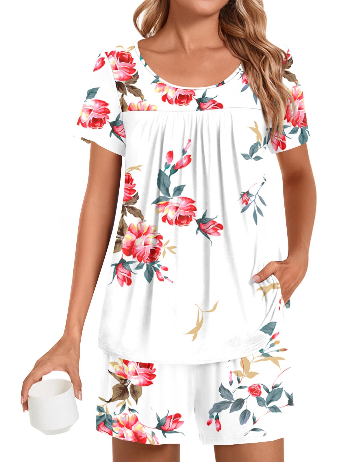 POPYOUNG Womens Pajama Sets Summer Short Sleeves 2 Piece Lounge Sleepwear Ladies Pjs Sets with Pockets