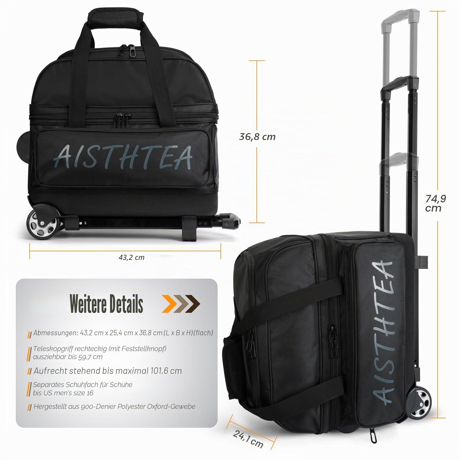 Aisthtea 2-3 Ball Bowling Bag with Wheels, Rolling Trolley Bowling Bags with Large Separate Shoe Compartment and Oversized Accessory Pocket