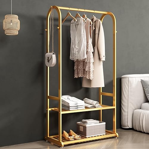 Miniatura 5 de Perchero de ropa resistente, percheros dorados para colgar ropa, perchero de metal moderno con estantes dobles inferiores y 6 ganchos laterales para