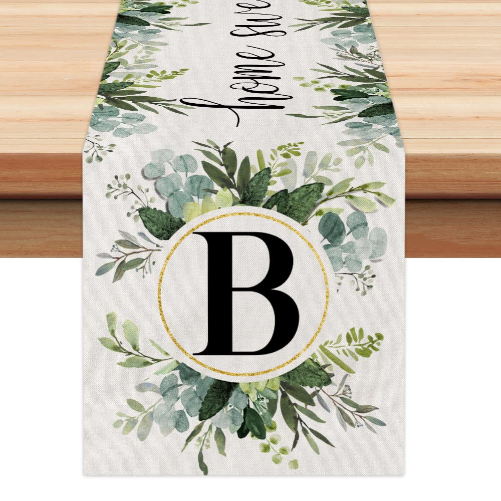 Photo 1 of Monogram Letter B Table Runner 48 Inch, Eucalyptus Farmhouse Sping Summer Table Runners Rustic Holiday Kitchen Dining Decorations for Indoor Outdoor Dinner Party Décor GT036