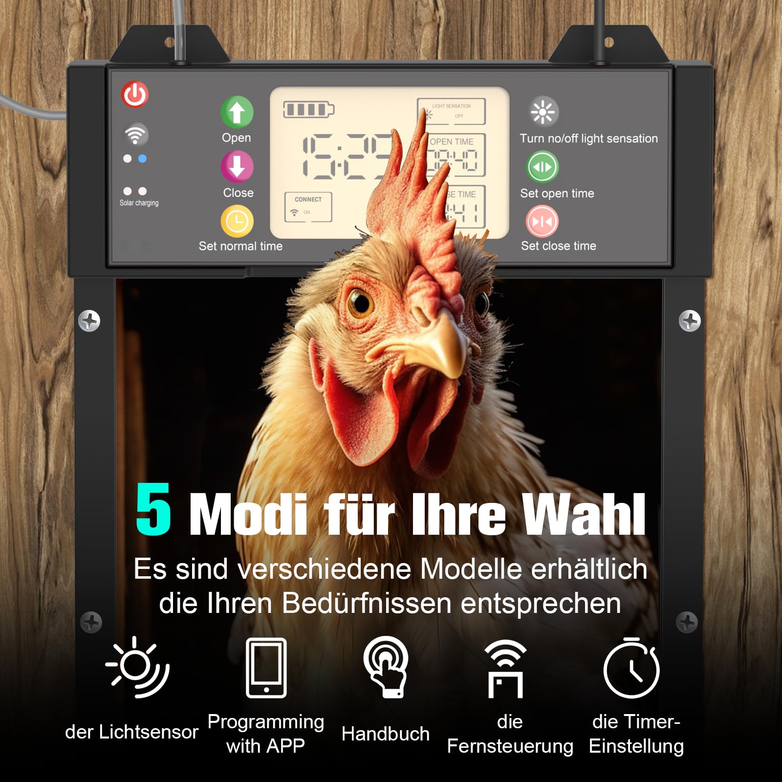 Gallinero automático solar con control por aplicación WiFi, puerta eléctrica automática con batería de 4000 mAh, temporizador, sensor de luz, protección contra pellizcos, pantalla LCD para gallinero