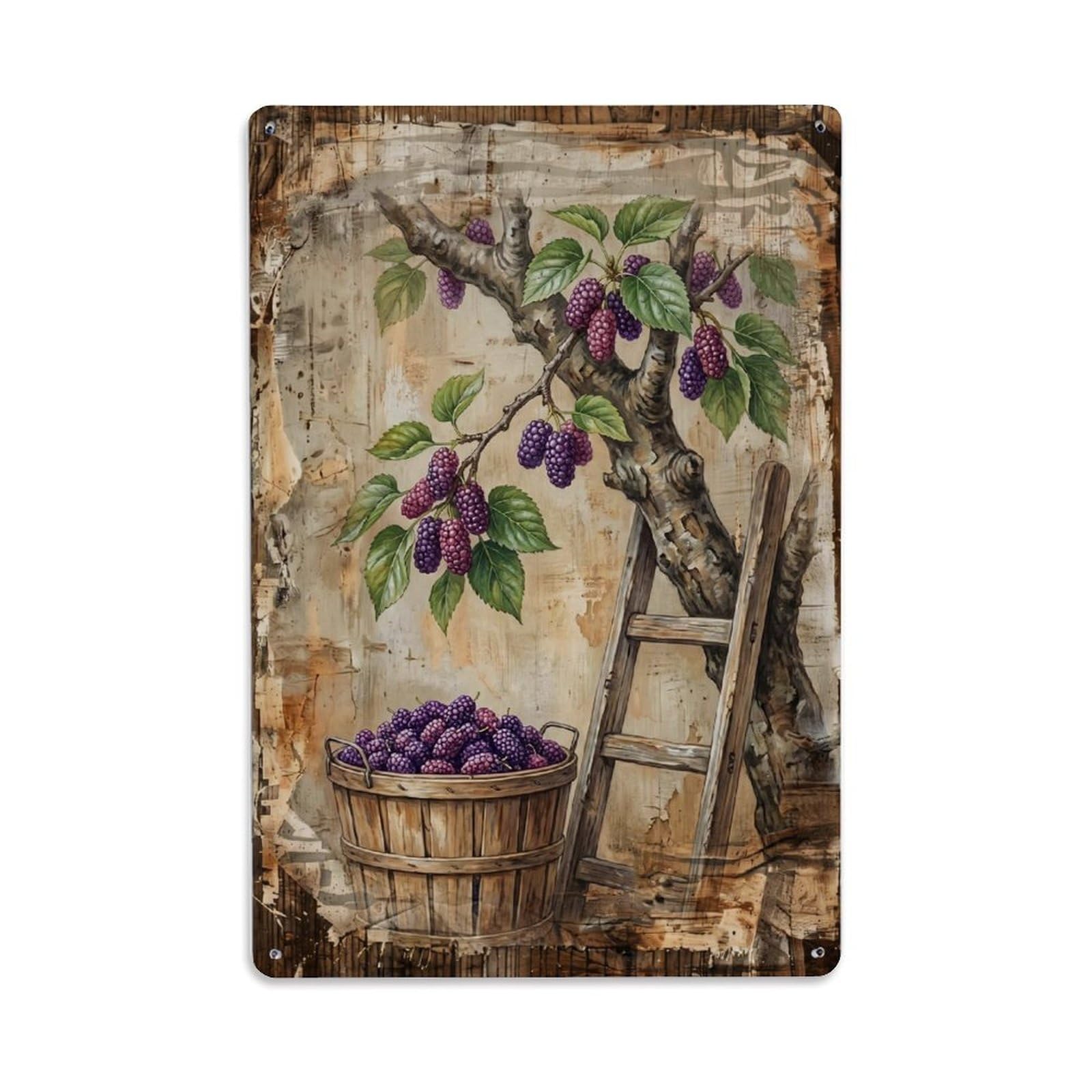 Mulberry Orchard Harvest Purple Berry Countryside Tree Vintage Metal Tin Sign Plaque Wall Decor for Cafe, Club, Garden Metal Poster 8x12Inch