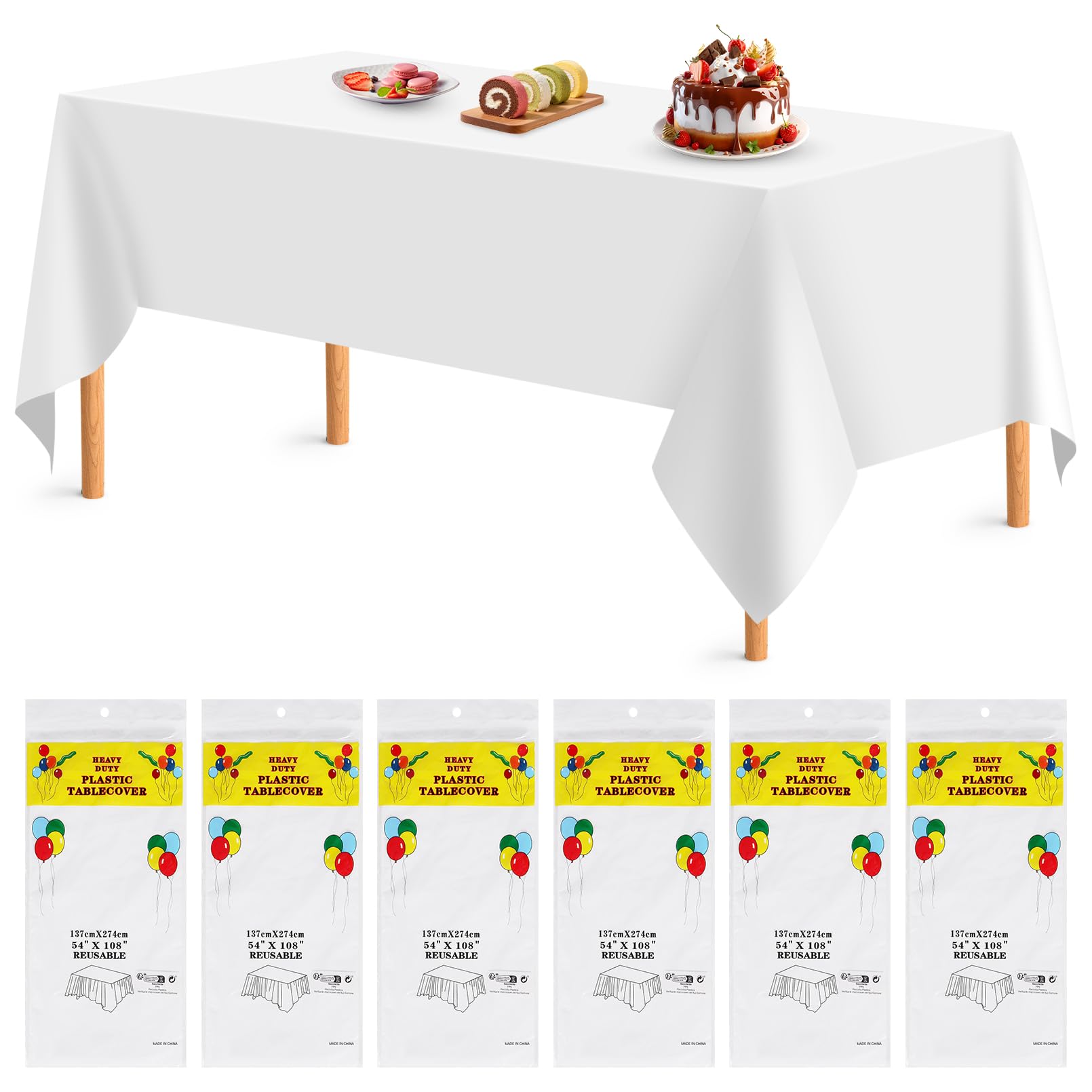 ausurme 6 Pack White Table Cloth,137x274 cm Plastic RectangleTable Cover,Disposable Tablecloths,White Tablecloth for Parties Wedding Birthdays Christmas Baby Shower