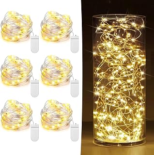 HOBAYS 6 Pack Battery Operated Fairy Lights 7ft 20 LED Warm White Silver Wire Twinkle Lights for Mason Jars Weddings Christmas Decor