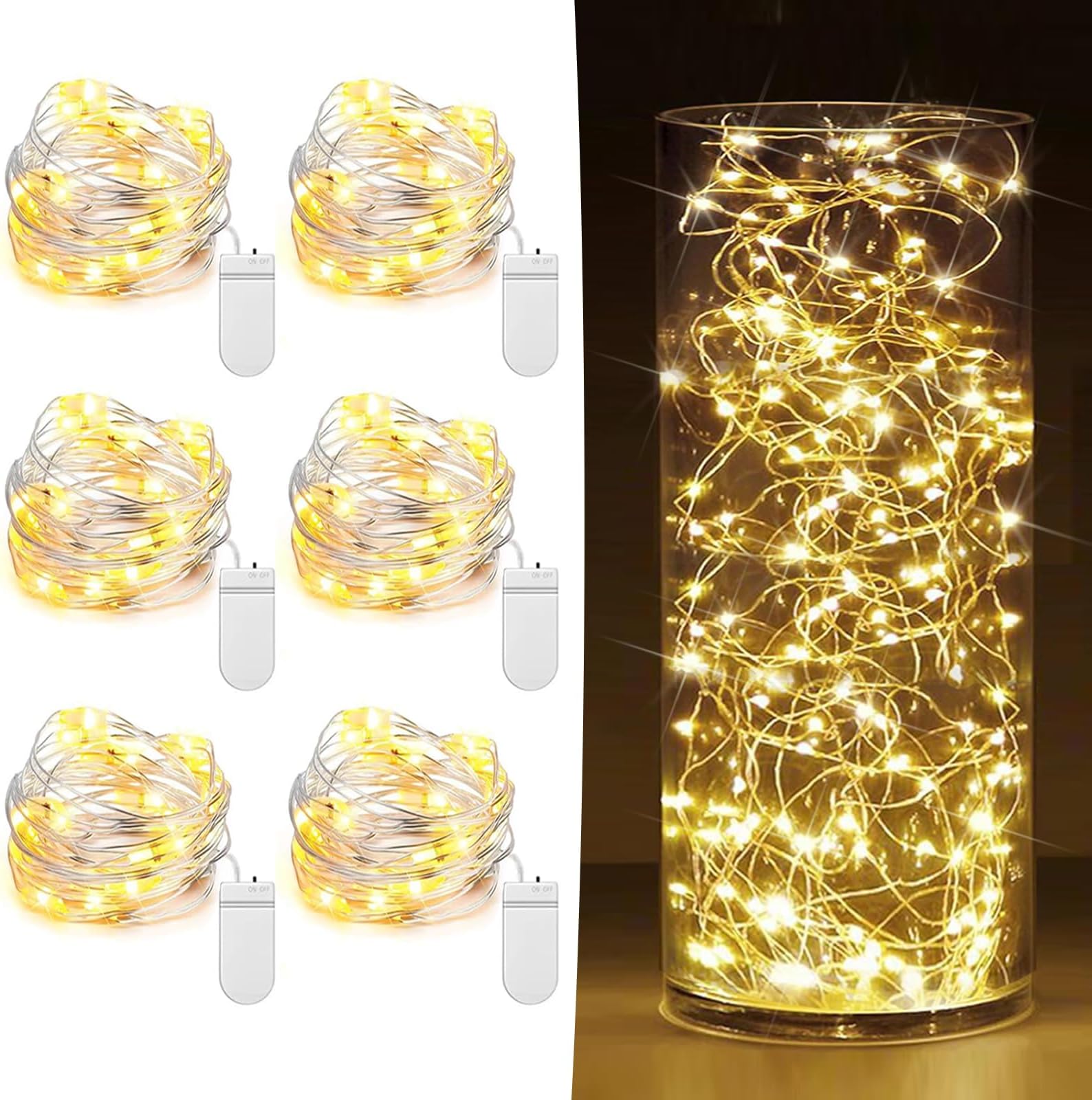 HOBAYS 6 Pack Fairy Lights Battery Operated 7.2ft 20 LED Mini Fairy String Lights Waterproof Copper Wire Firefly Starry Lights for Wedding Party Mason Jars Christmas Decor, Warm White