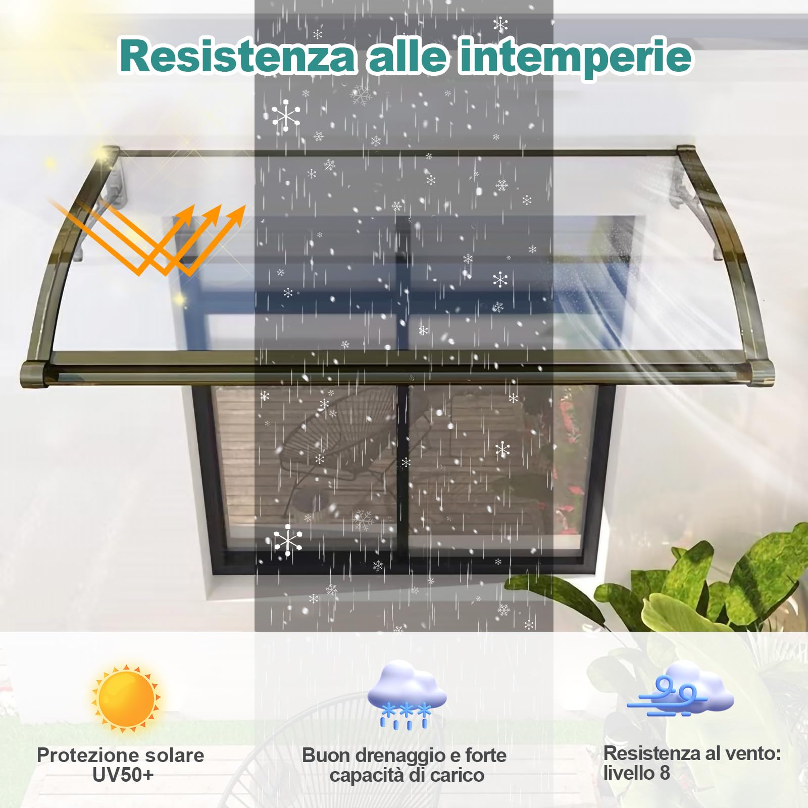 Tettoia per Esterno, Pensilina da Esterno, Pensilina, Staffa in lega di alluminio+Policarbonato, Resistente ai raggi UV/alla pioggia, Tettoia per Esterno/Porte/Balcone/Finestre