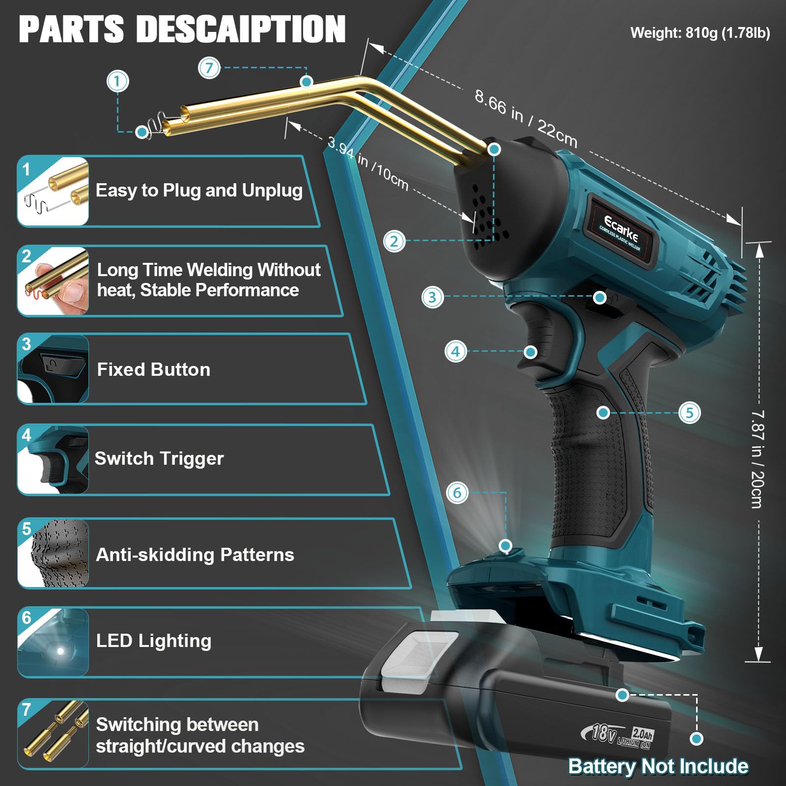 Poste à Souder Plastique Sans Fil Pour Batterie Makita 18V - Kit Réparation Pare-chocs Avec 200 Agrafes - 3