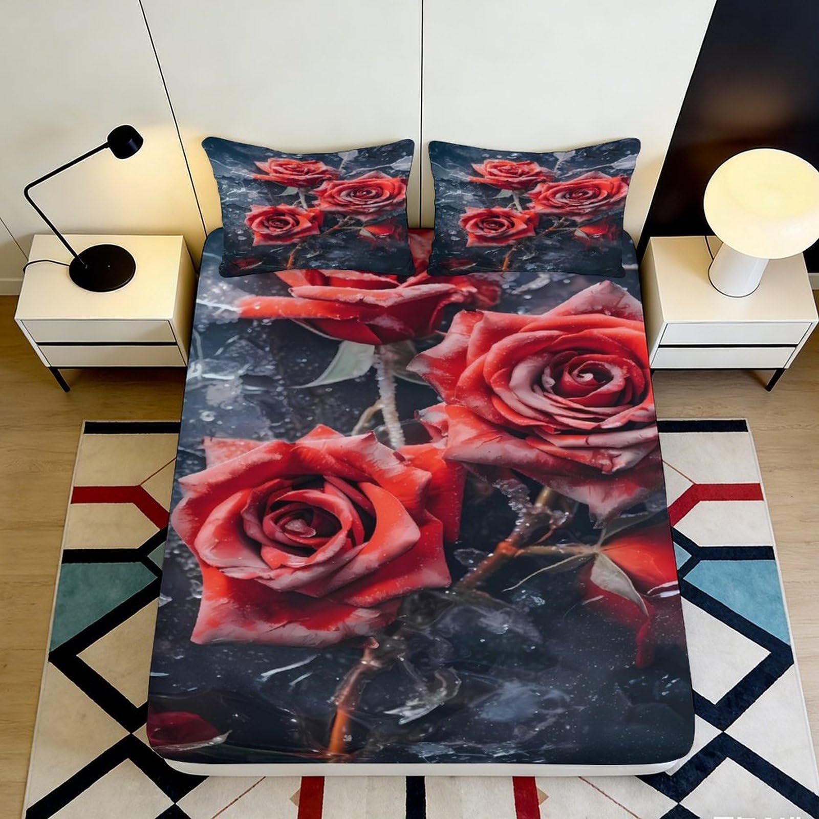 Kzqjxnhpcr Style-3 3D Printed Rose Fitted Sheet Microfiber Elastic Hem Deep Pocket Bedroom Bedding Rose Mattress Fitted Cover Washable 90X200x25cm 90X200x25cm