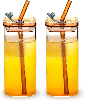 Koythin 2-Pack 12oz Amber Square Glass Iced Cups With Lids & Straws | 350ml Amber Twin Tumbler Set, Fit Cocktail Matcha Soda; Coffee Bar Home Cold Drink Set