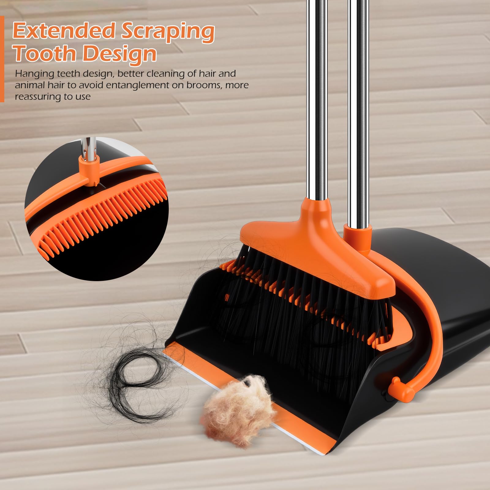 Escoba y Recogedor de Mango Largo 137 cm, Plegable, Combinados, Negro Naranja