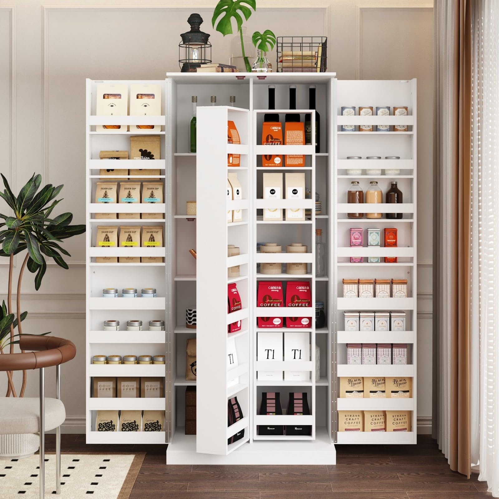 MOUMON Kitchen Pantry Storage Cabinet with Doors and Shelves, Rotating Racks, Tall Pantry Cabinet Cupboard with Door Racks, White, 19.7”D x 31.5”W x